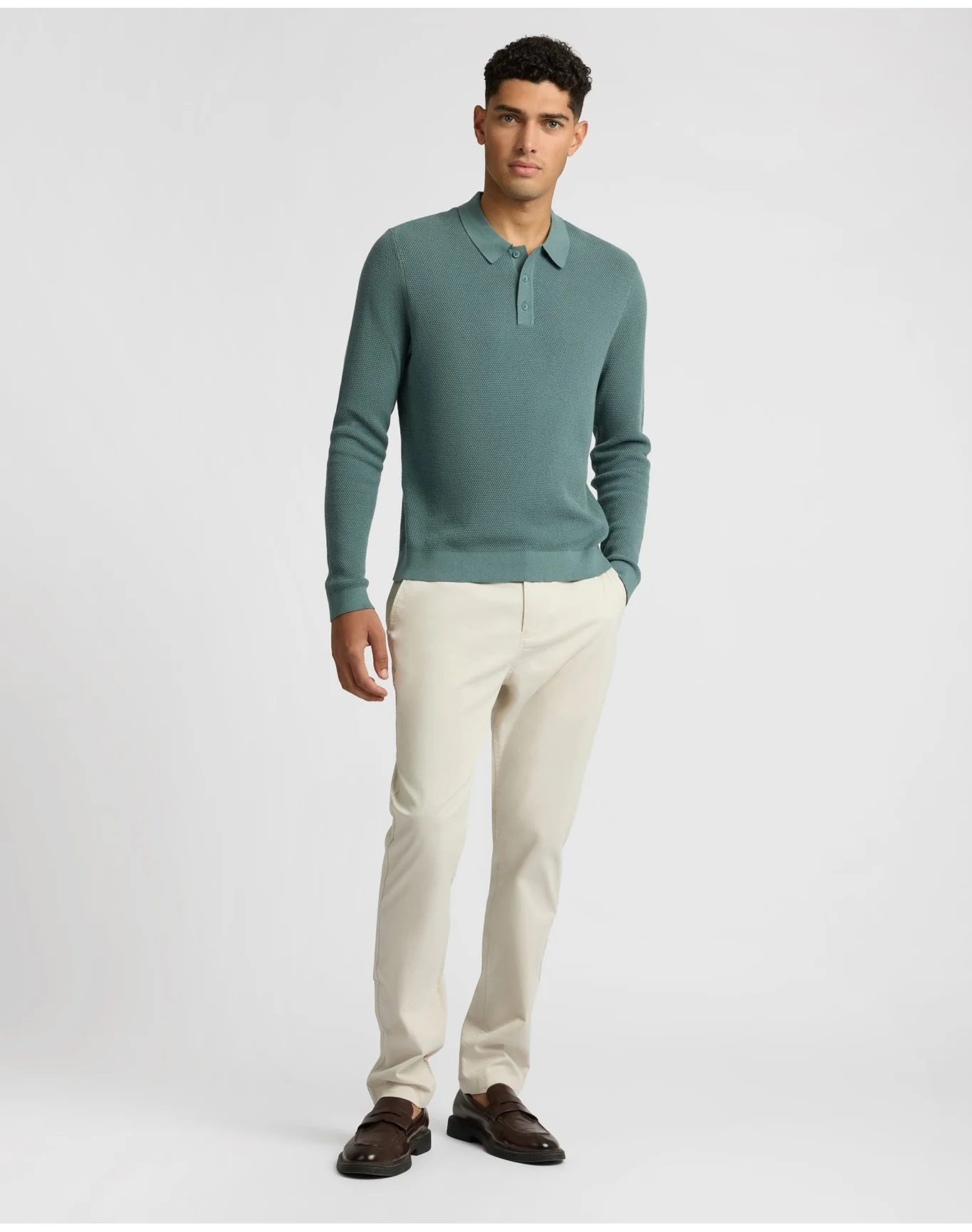 Men | Cotton Textured Knit Long Sleeve Polo Sweatshirt | Fern - Image 4