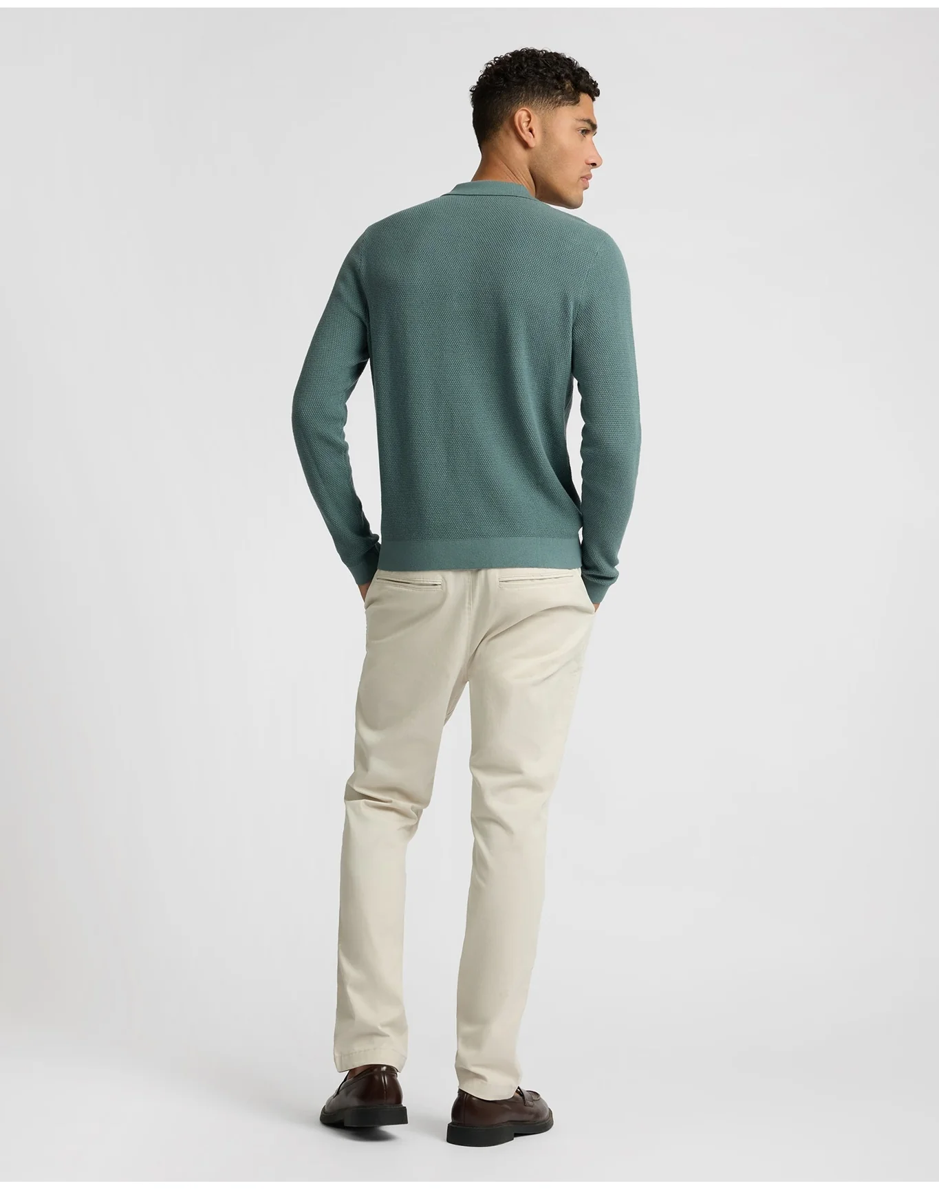 Men | Cotton Textured Knit Long Sleeve Polo Sweatshirt | Fern - Image 5