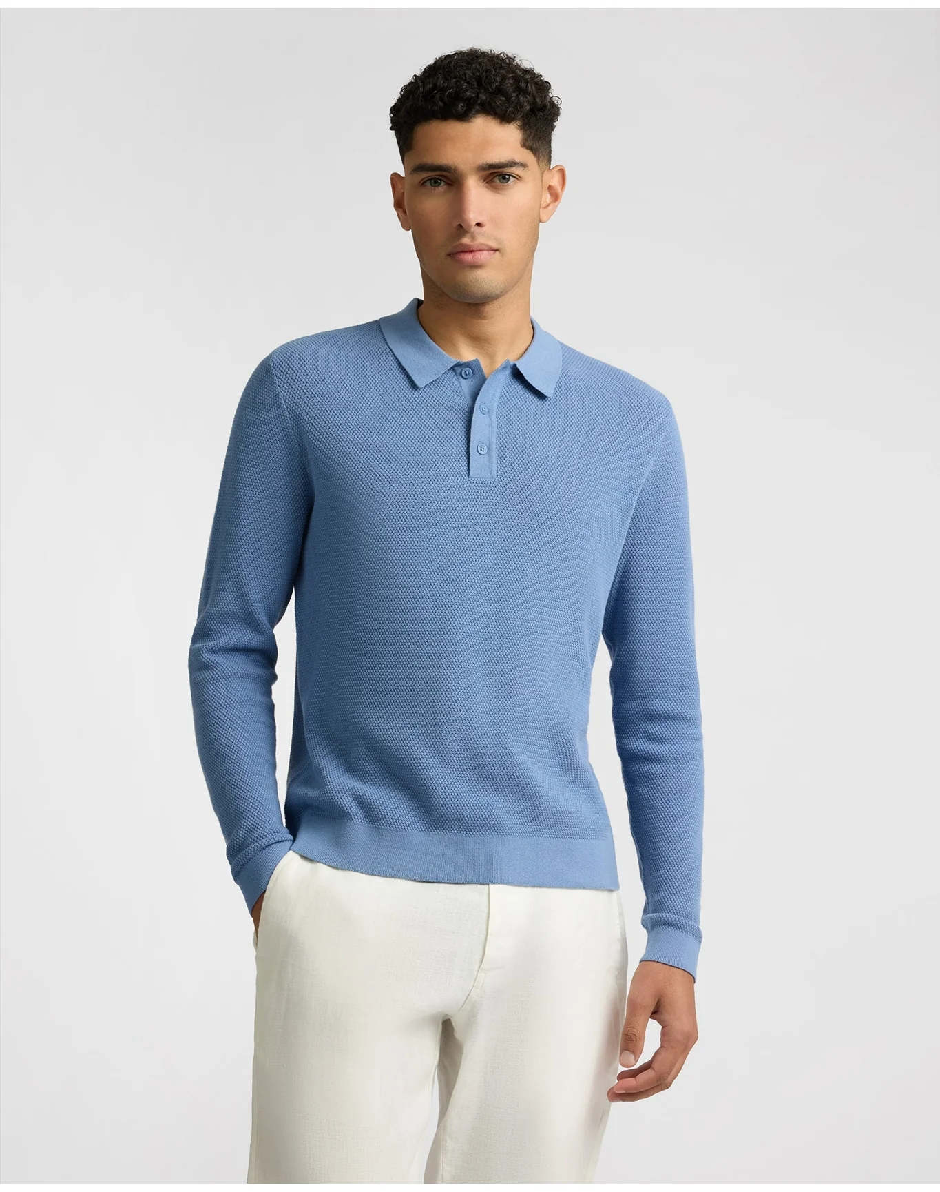 Men | Cotton Textured Knit Long Sleeve Polo Sweatshirt | Indigo - Image 2
