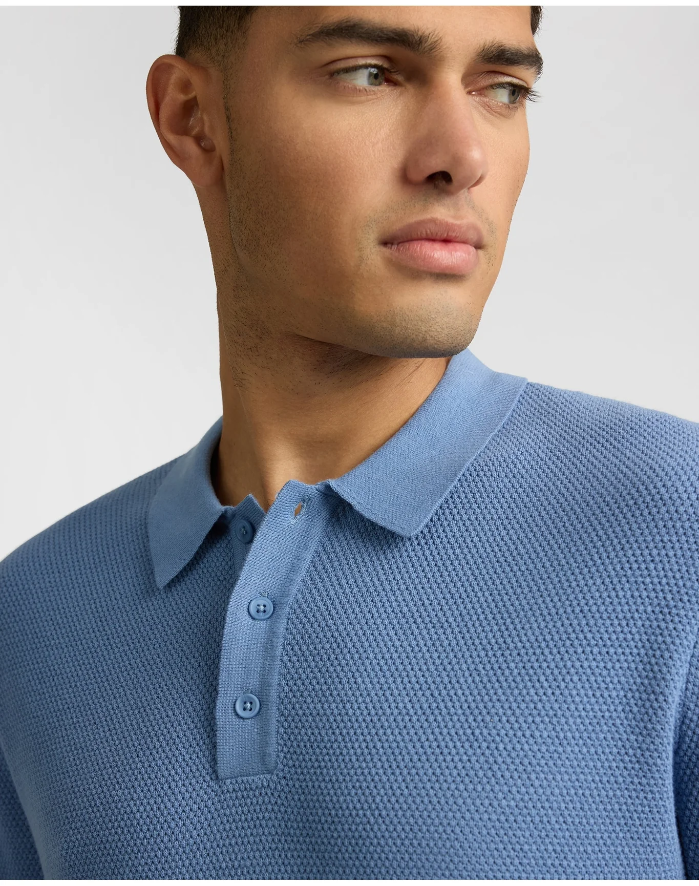 Men | Cotton Textured Knit Long Sleeve Polo Sweatshirt | Indigo - Image 3