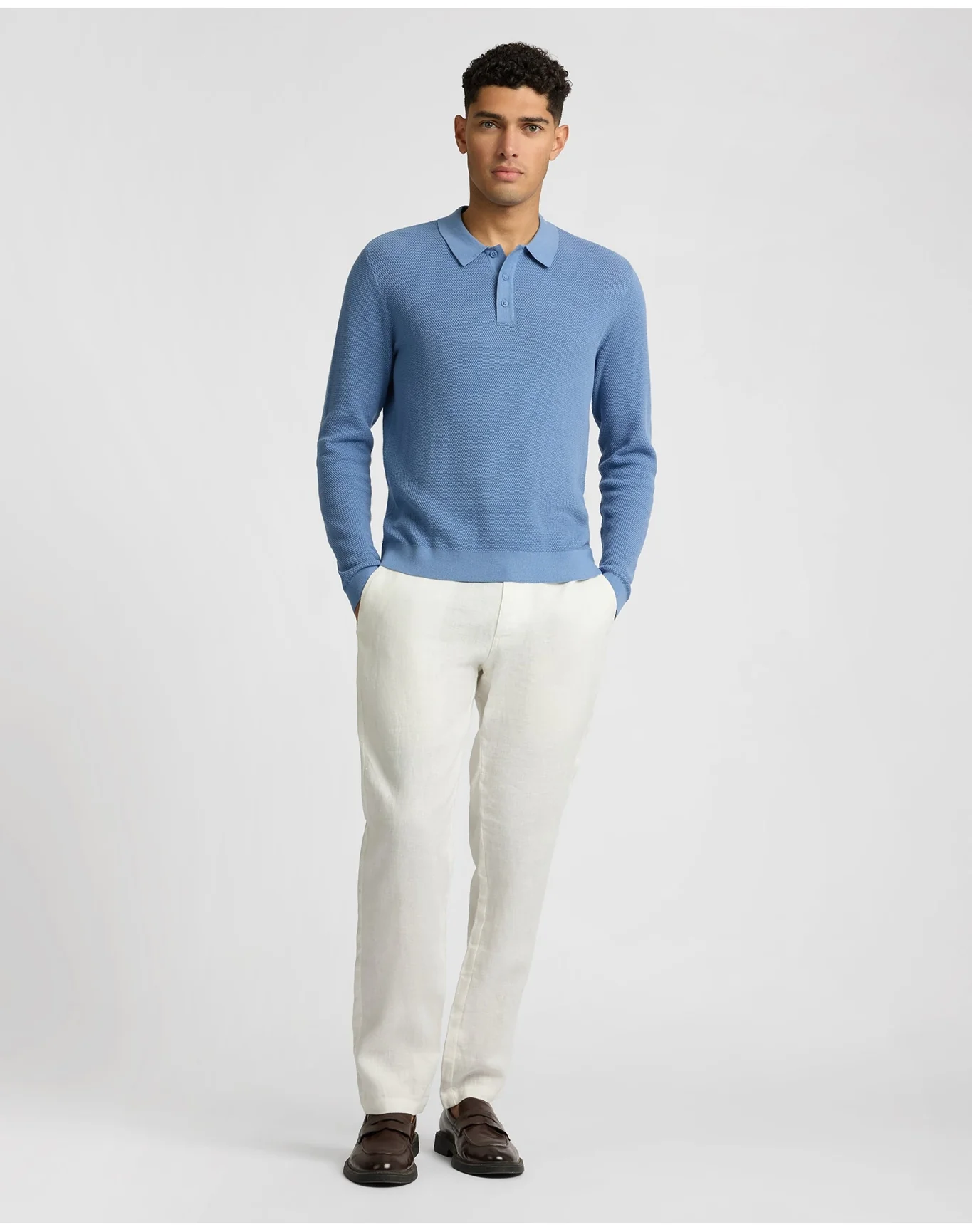 Men | Cotton Textured Knit Long Sleeve Polo Sweatshirt | Indigo - Image 4