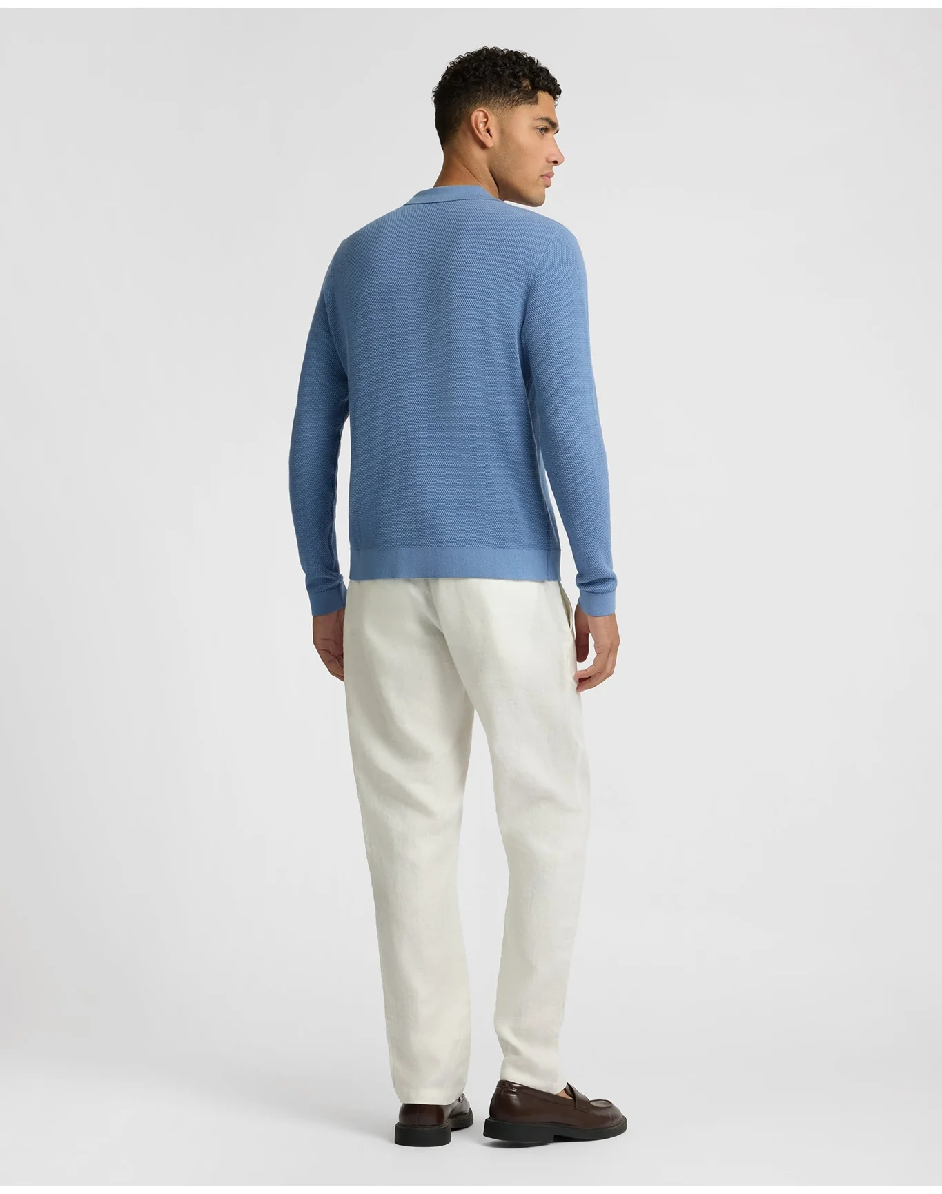 Men | Cotton Textured Knit Long Sleeve Polo Sweatshirt | Indigo - Image 5