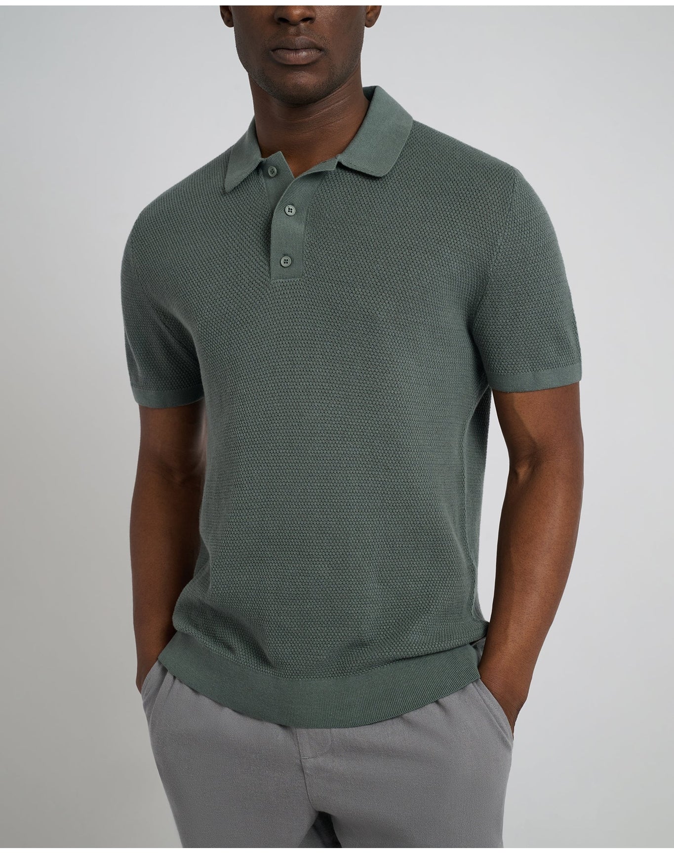 Men | Cotton Textured Knit Polo | Agave - Image 2