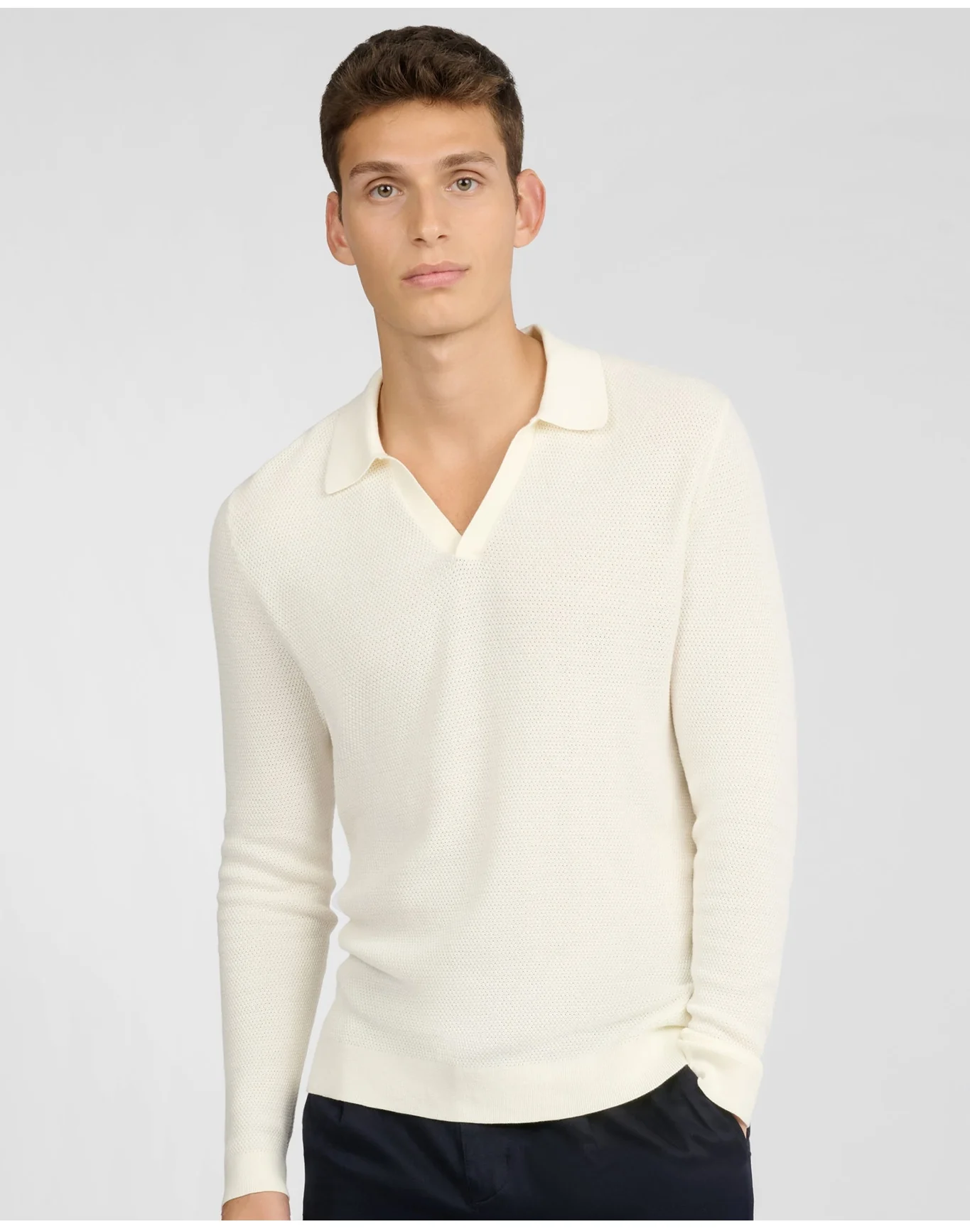 Men | Cotton Textured Long Sleeve Johnny Polo | Egret - Image 2