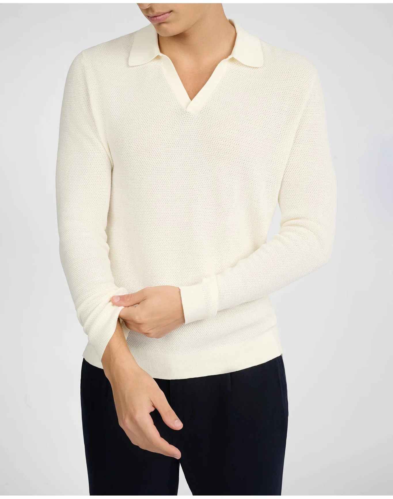 Men | Cotton Textured Long Sleeve Johnny Polo | Egret - Image 3