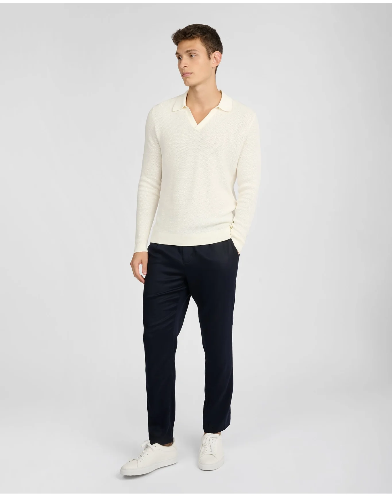 Men | Cotton Textured Long Sleeve Johnny Polo | Egret - Image 4
