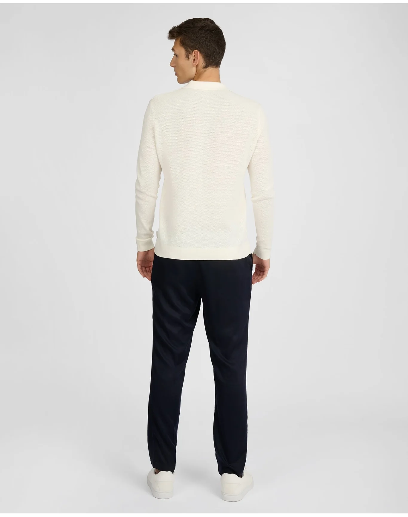 Men | Cotton Textured Long Sleeve Johnny Polo | Egret - Image 5