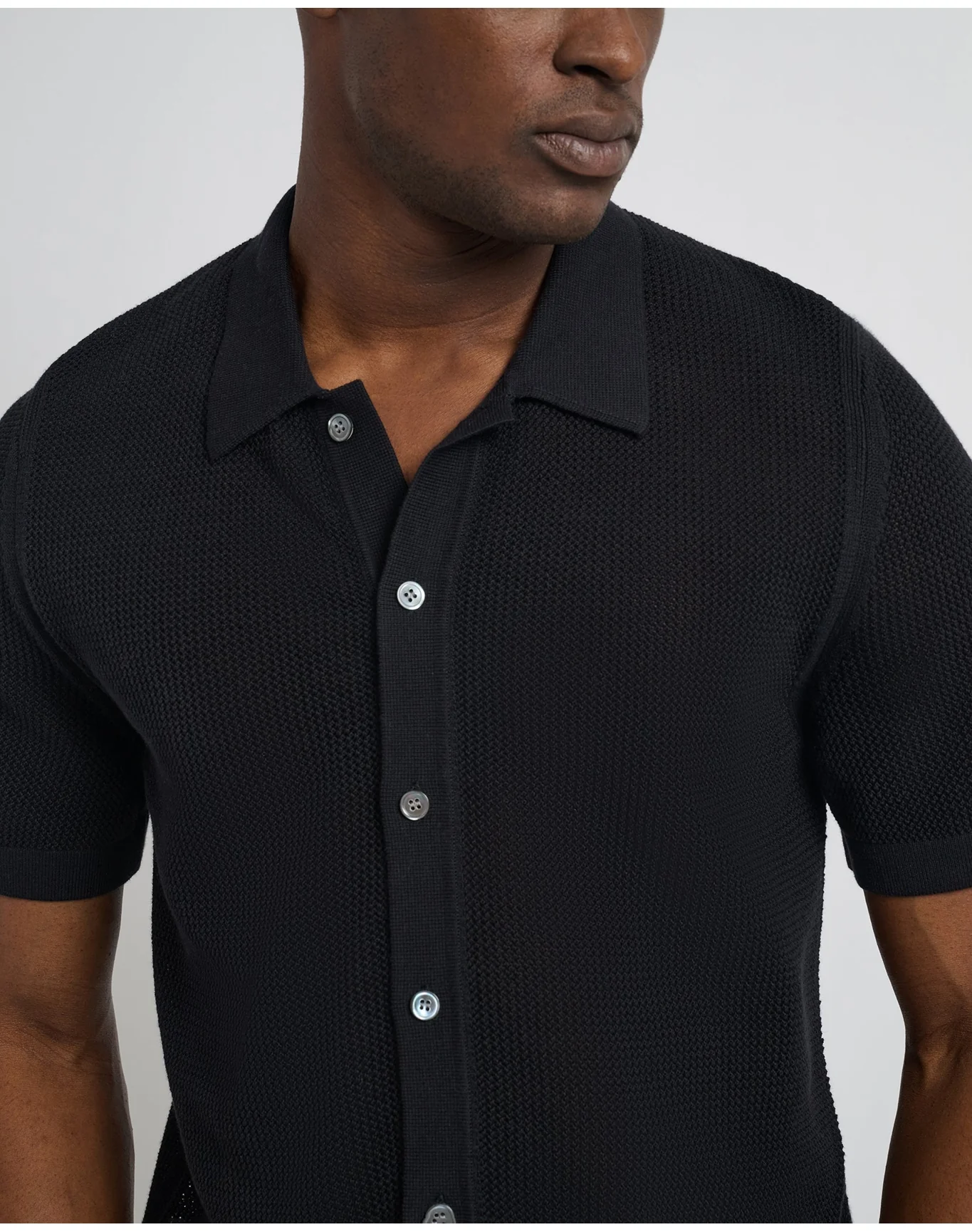 Men | Crochet Knit Button Up Shirt | Black VTAG V2 - Image 2