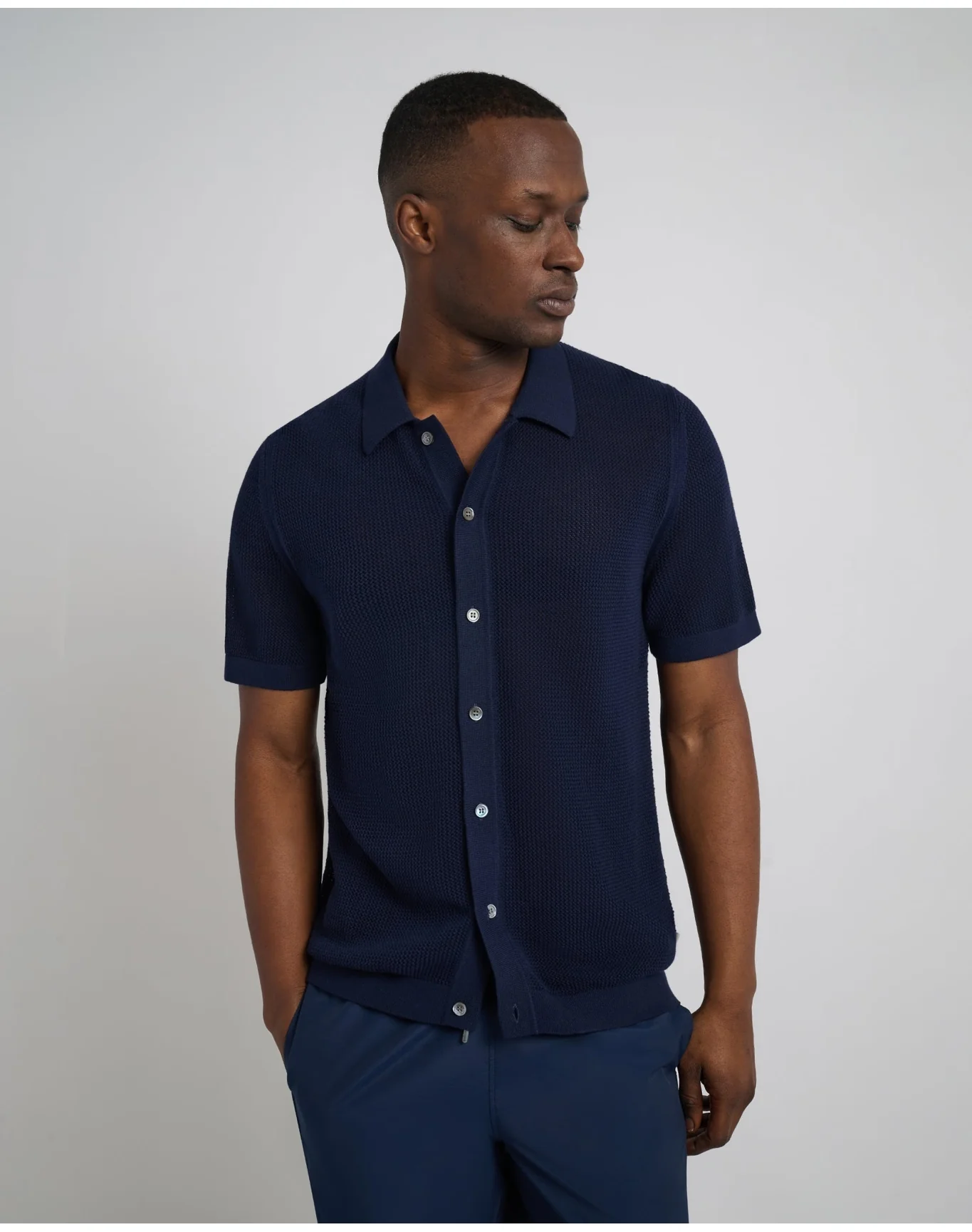 Men | Crochet Knit Button Up Shirt | Deep Navy VTAG V2 - Image 3