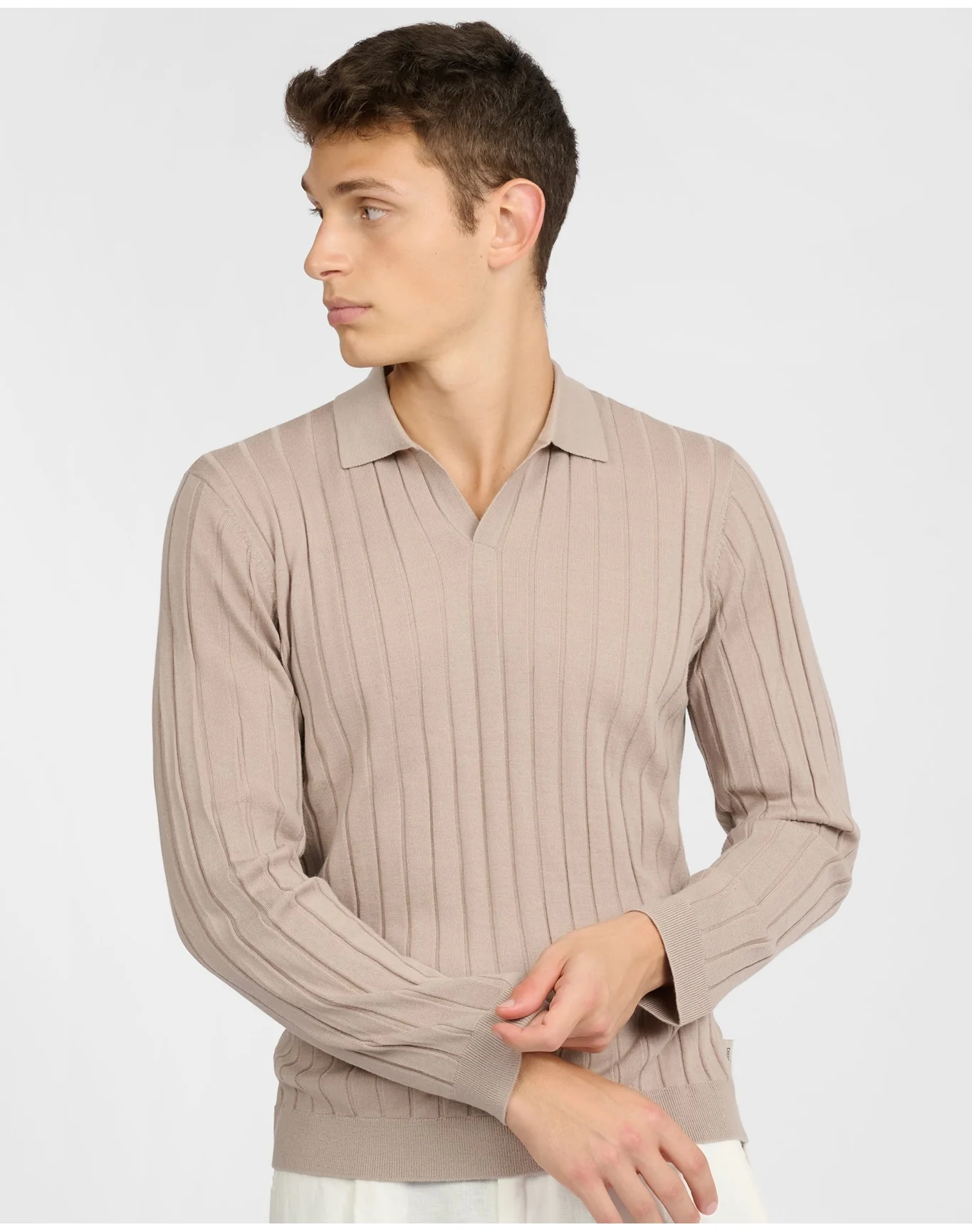 Men | Extra Fine Merino Wool Johnny Collar Polo | Oxford Tan - Image 3