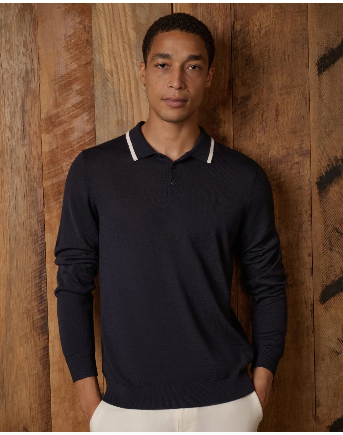 Men | Extra Fine Merino Wool Long Sleeve Polo | Midnight White - Image 2