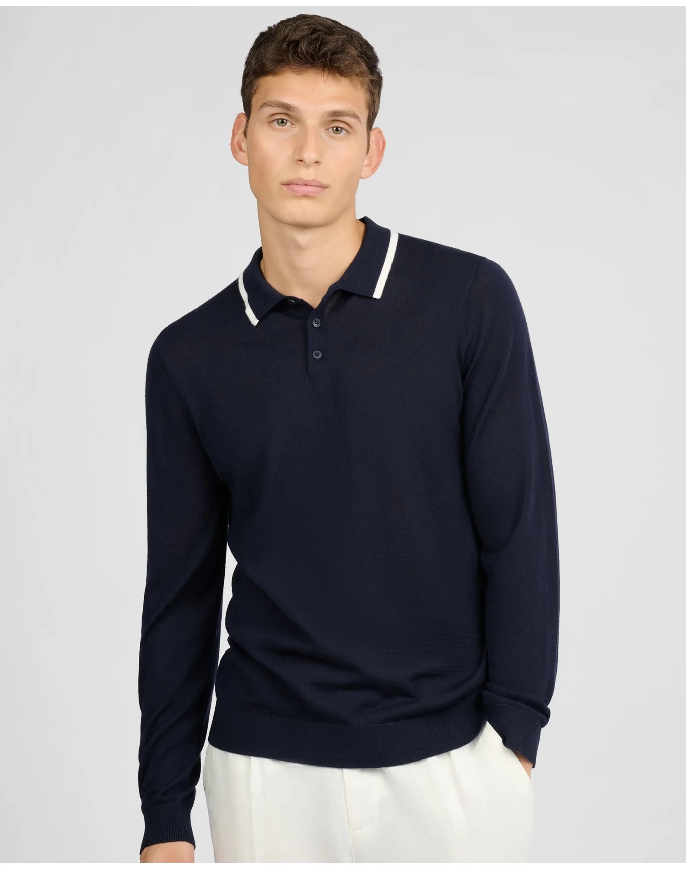 Men | Extra Fine Merino Wool Long Sleeve Polo | Midnight White - Image 3