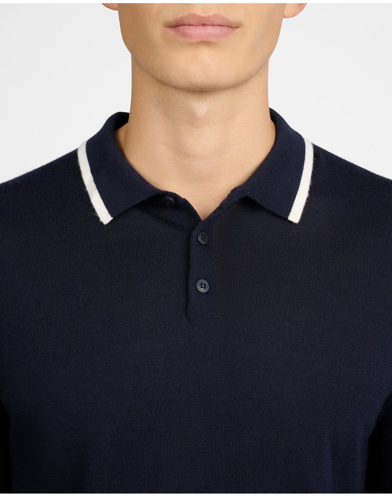 Men | Extra Fine Merino Wool Long Sleeve Polo | Midnight White - Image 4