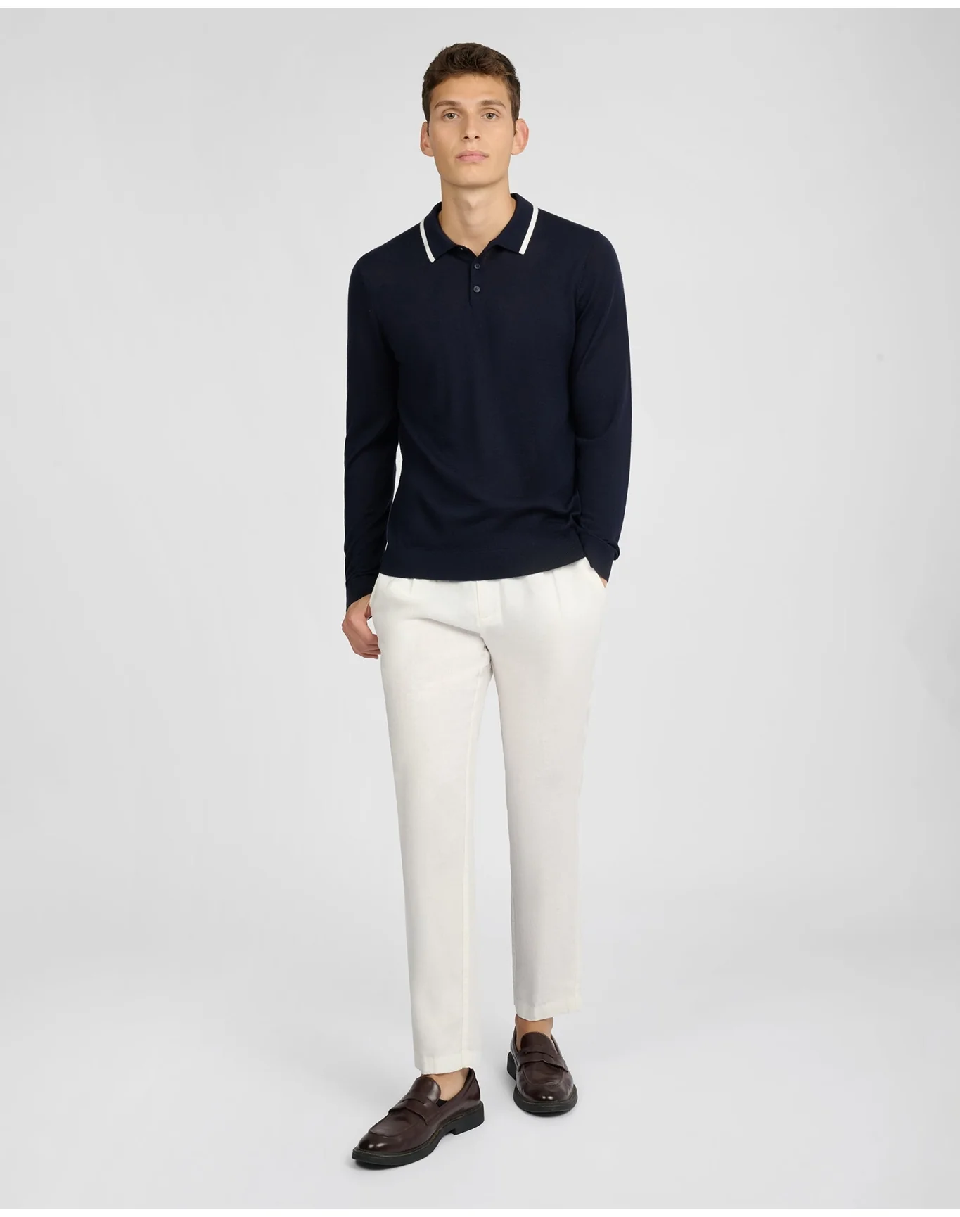 Men | Extra Fine Merino Wool Long Sleeve Polo | Midnight White - Image 5