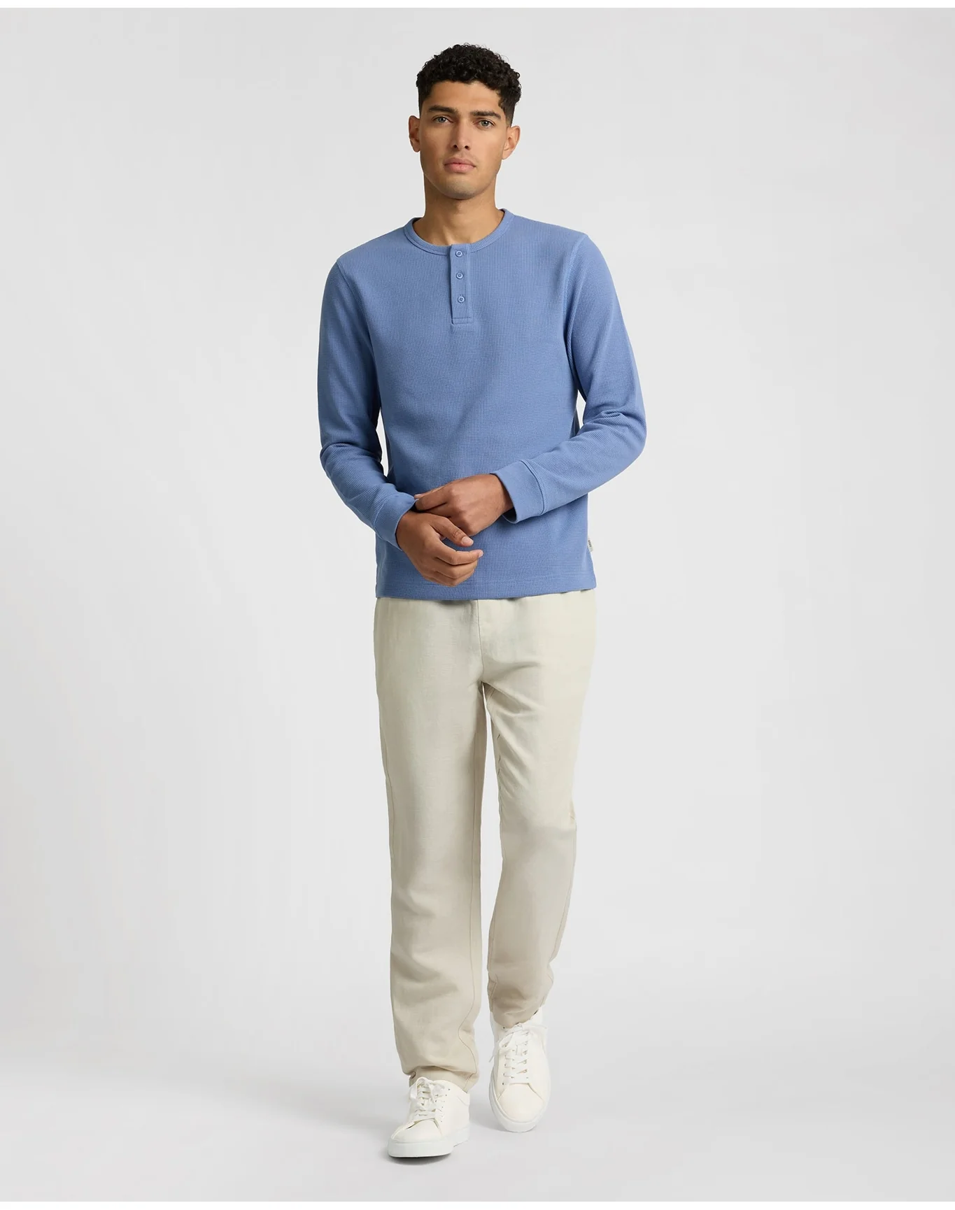 Men | Heavyweight Cotton Waffle Henley Sweatshirt | Indigo - Image 5