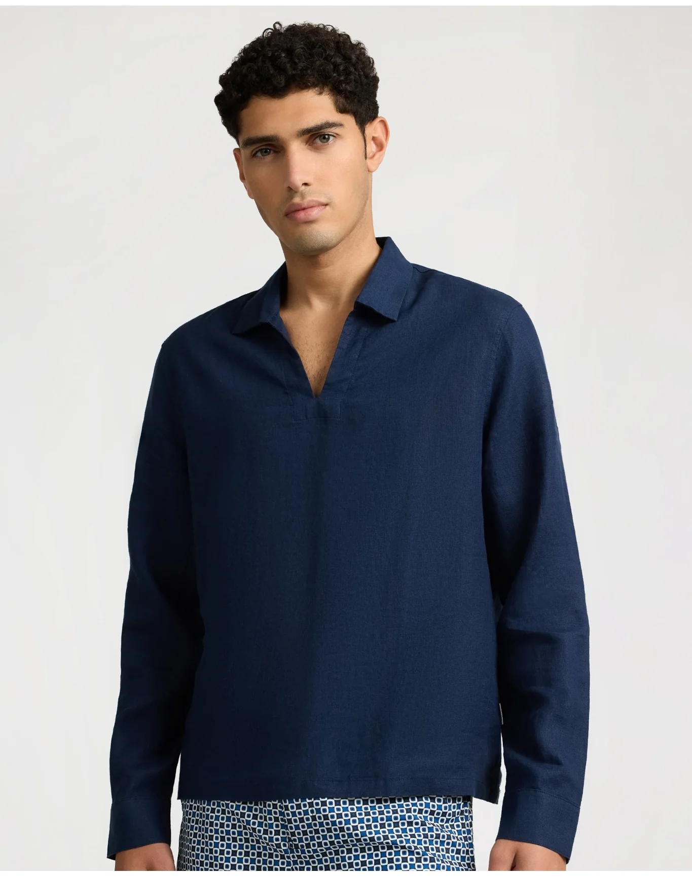 Men | Linen Long Sleeve Popover Shirt | Midnight - Image 3