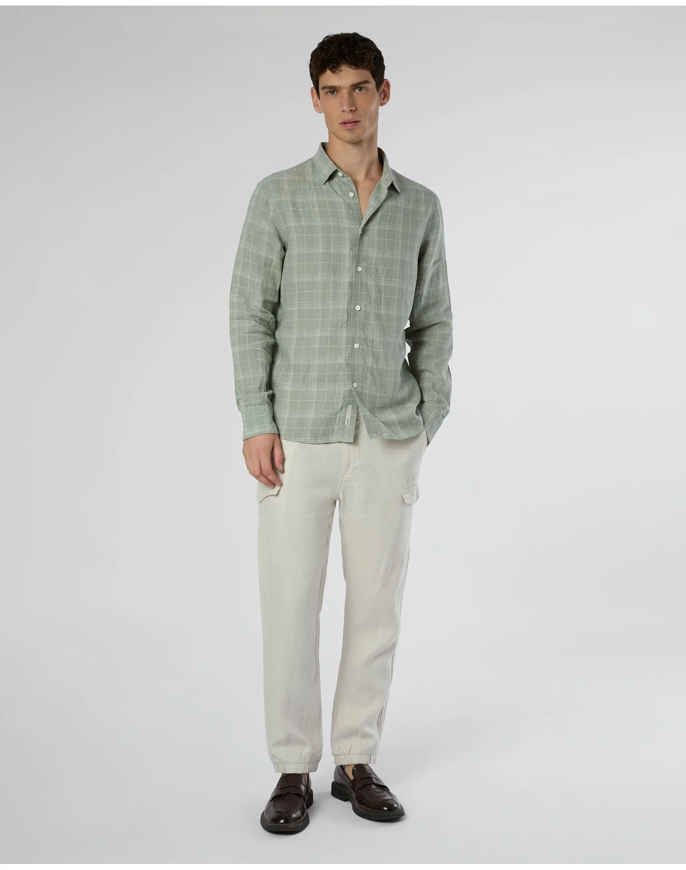 Men | Linen Long Sleeve Shirt | Musty Green White - Image 3