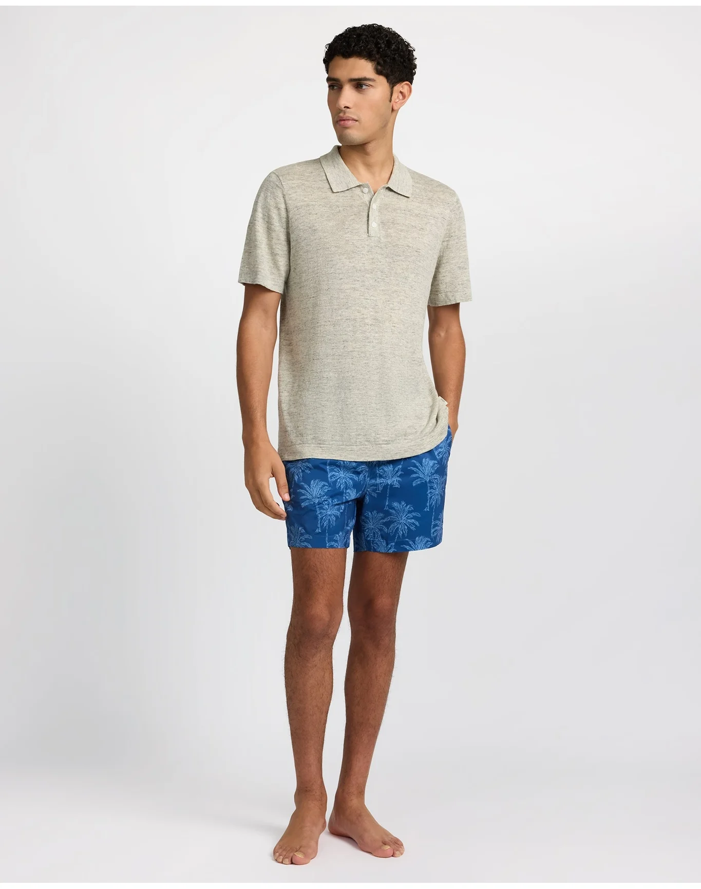 Men | Linen Sweater Polo | Light Grey Melange - Image 5