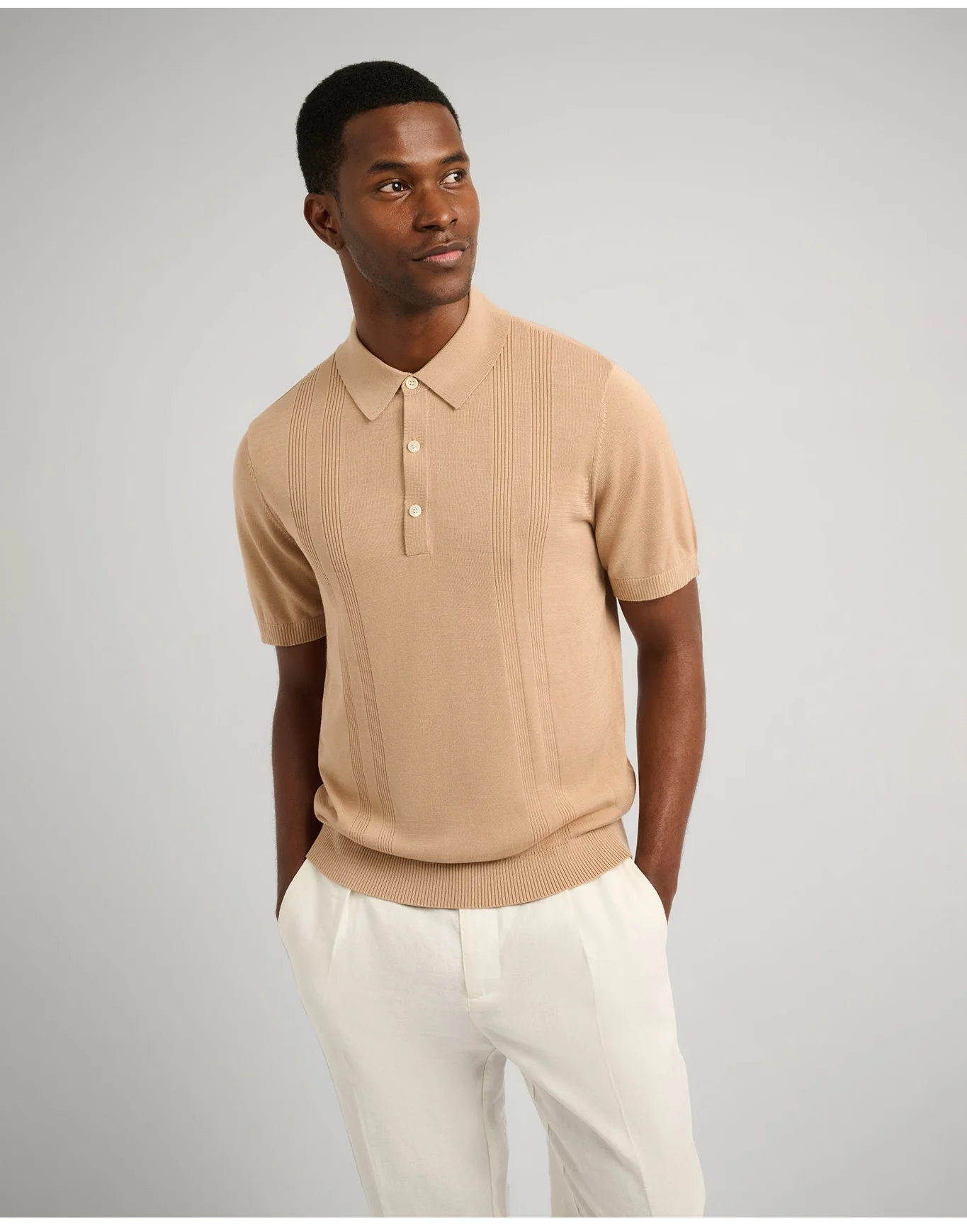 Men | Silk Ribbed Knit Polo | Tan - Image 2