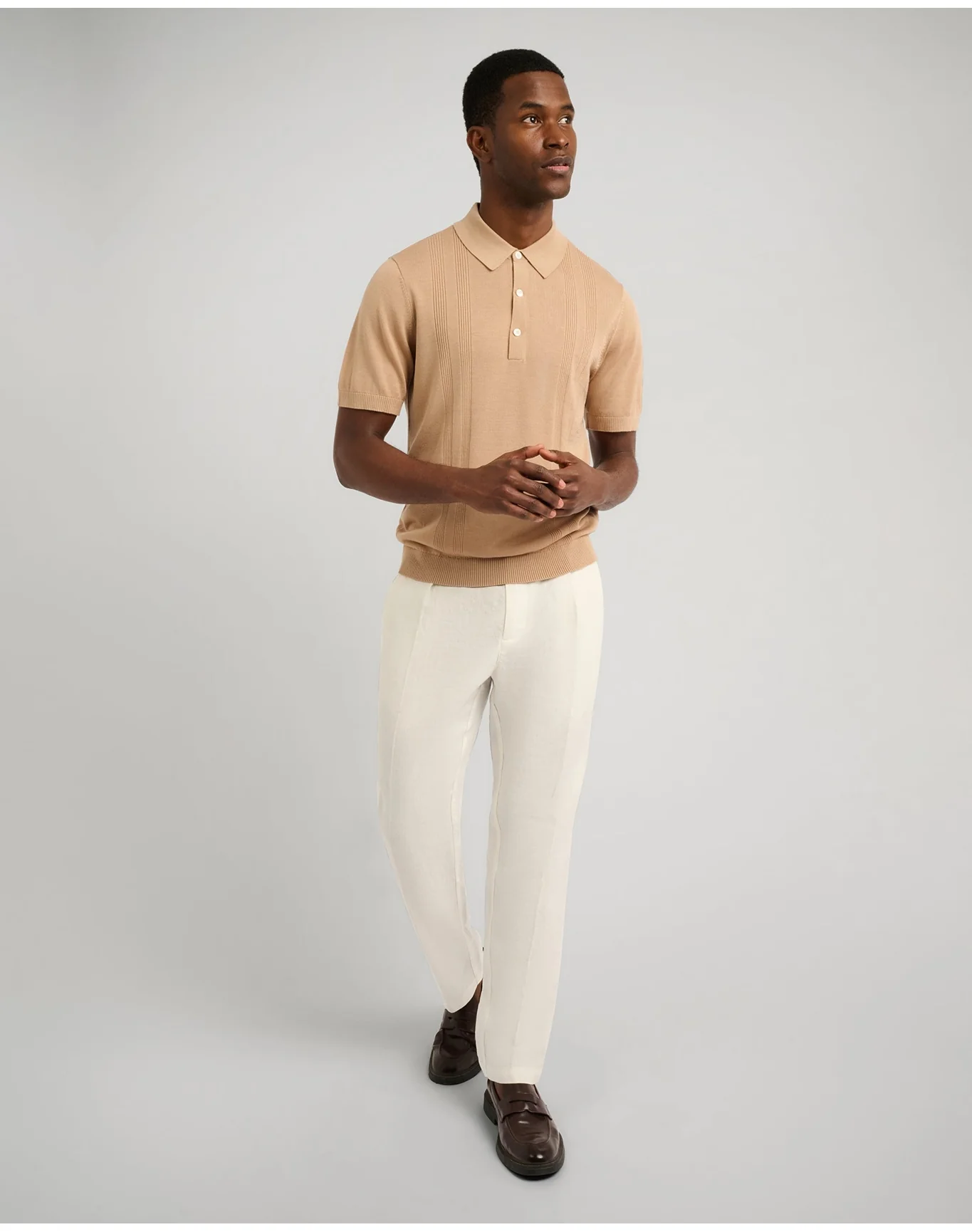 Men | Silk Ribbed Knit Polo | Tan - Image 4