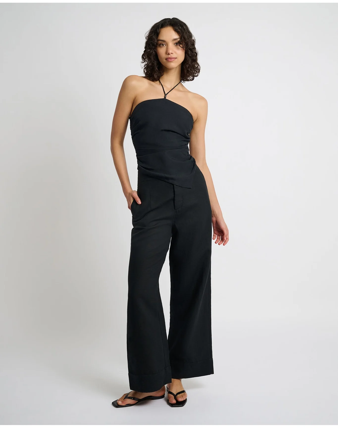 Women | Air Linen Asymmetrical Halter Top | Black - Image 3