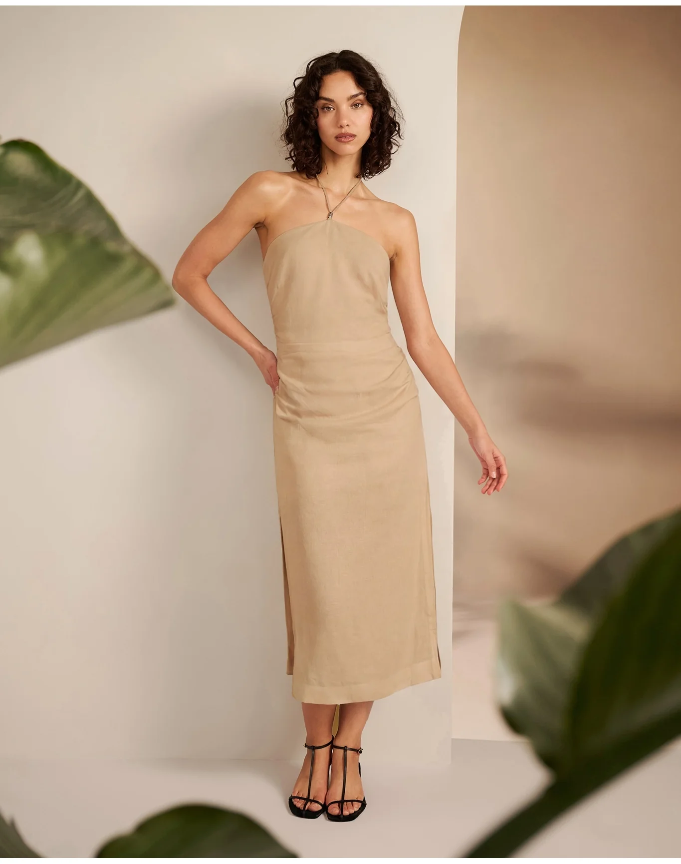 Women | Air Linen Ruched Halter Dress | Jute - Image 2