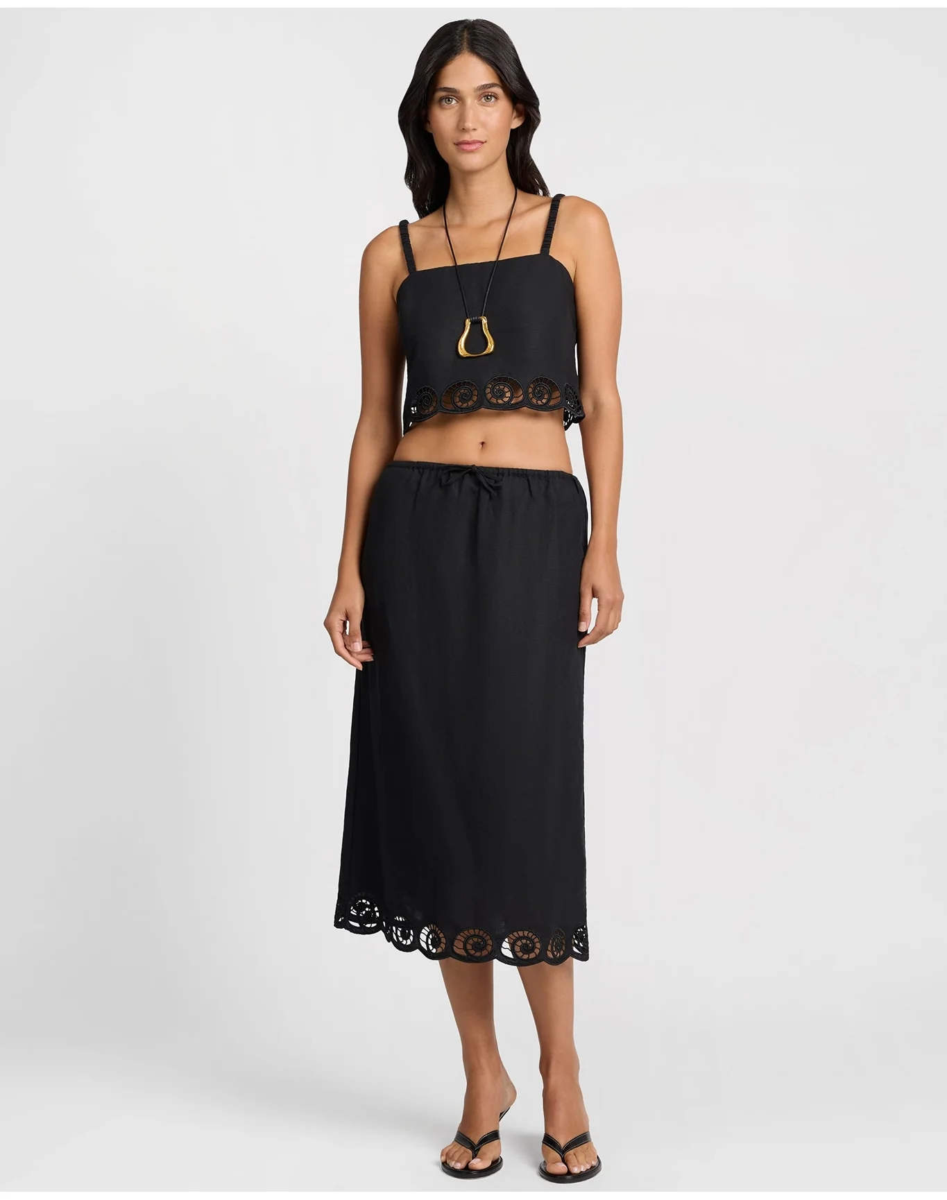 Women | Air Linen Scallop Midi Skirt | Black - Image 4