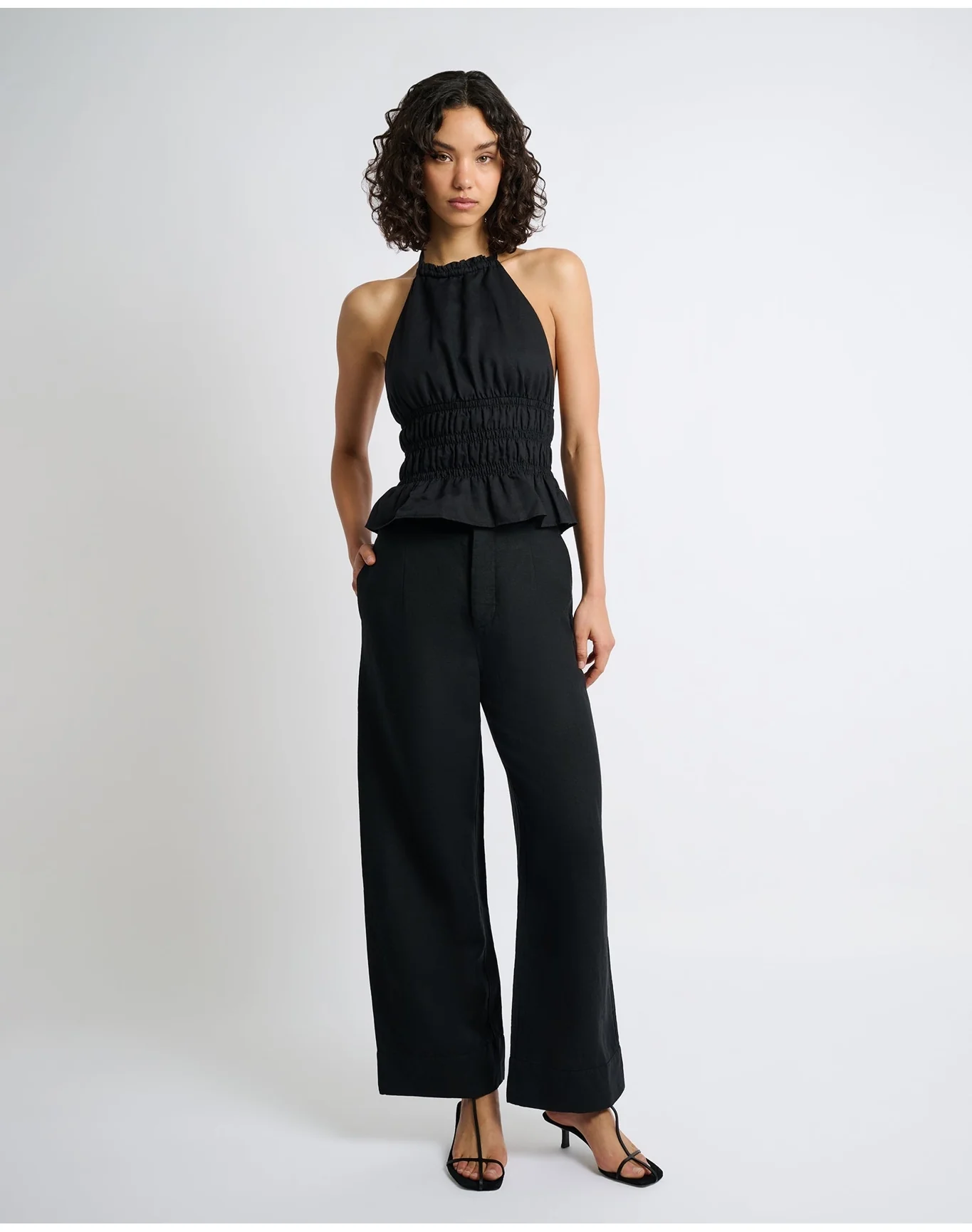 Women | Air Linen Smocked Halter Top | Black - Image 3