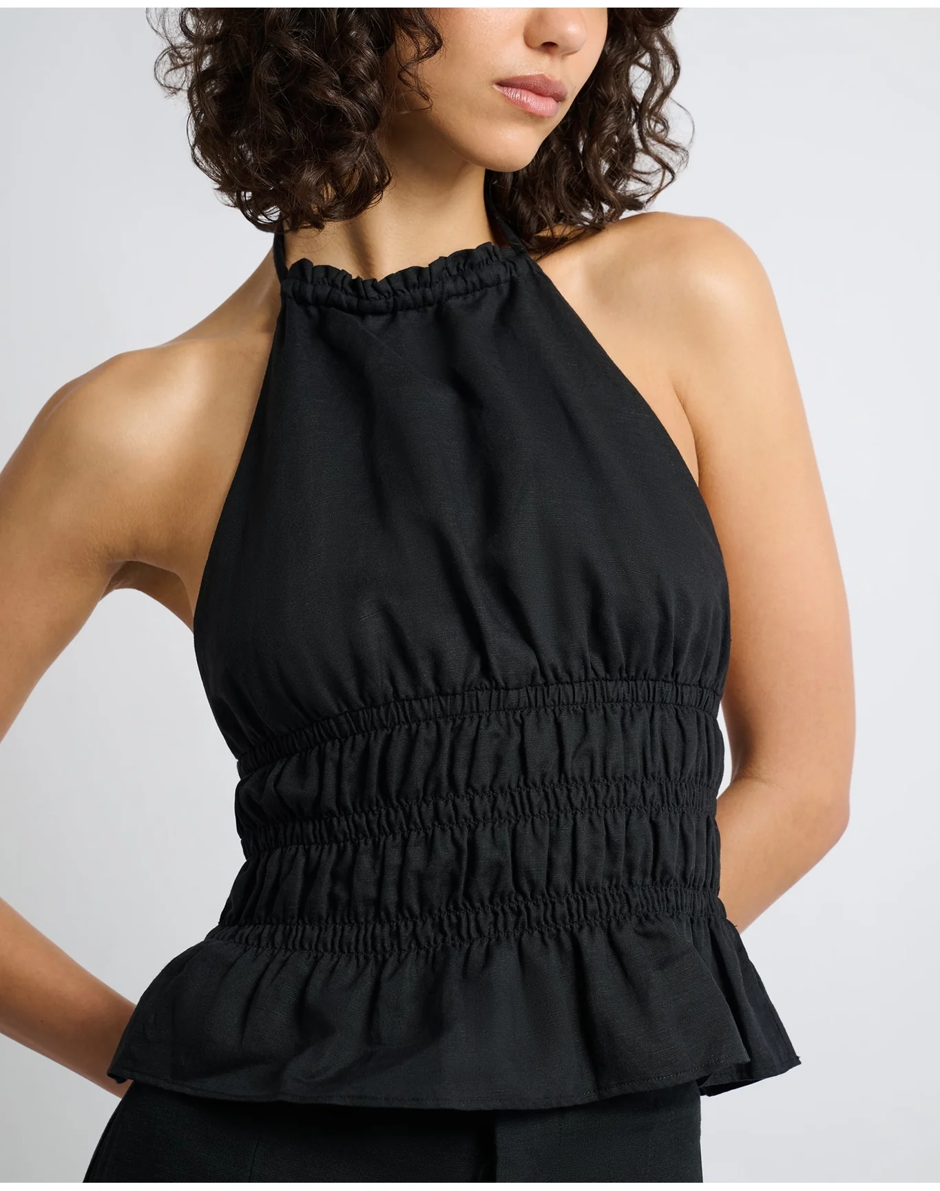 Women | Air Linen Smocked Halter Top | Black - Image 4