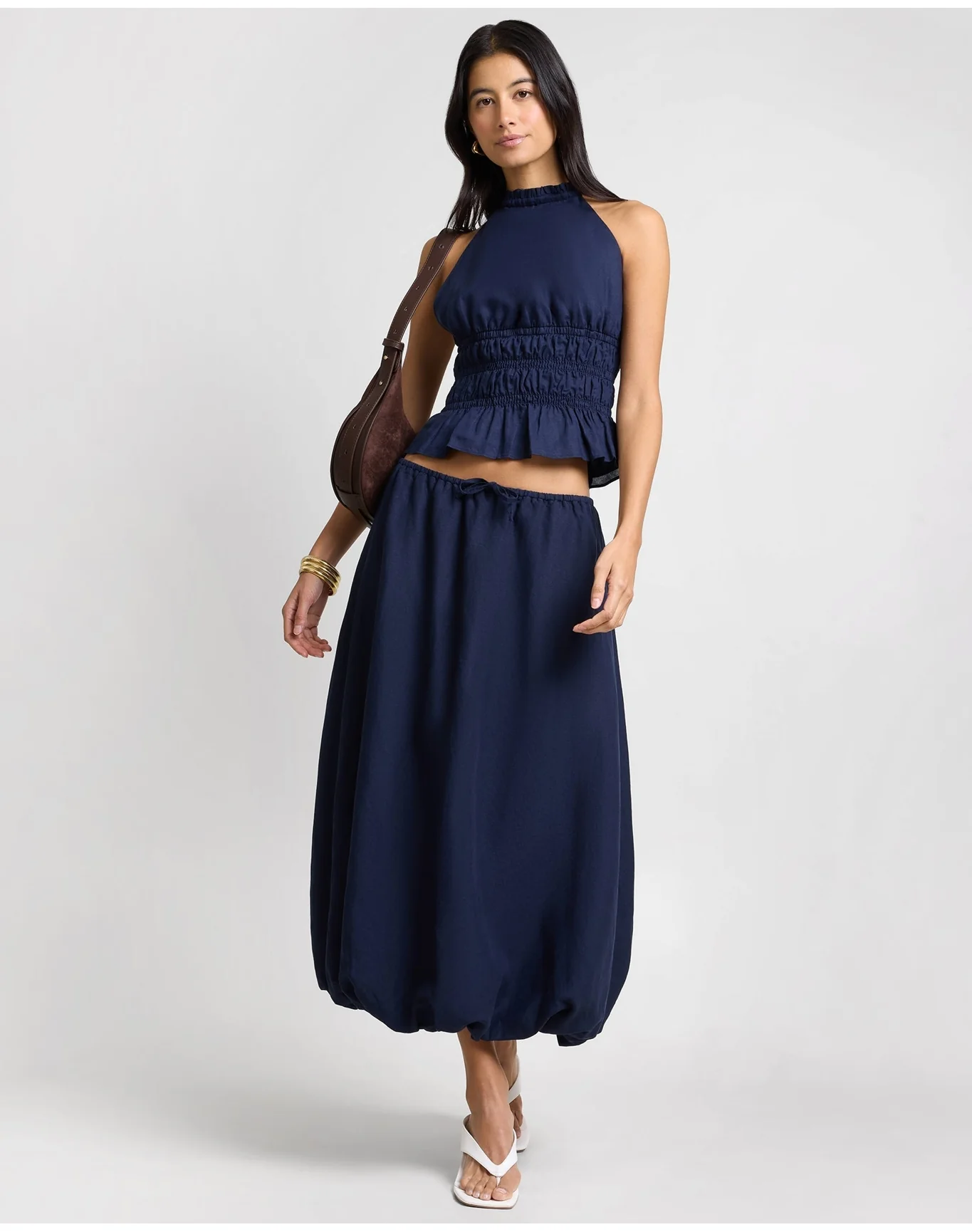 Women | Air Linen Smocked Halter Top | Noir Navy - Image 3