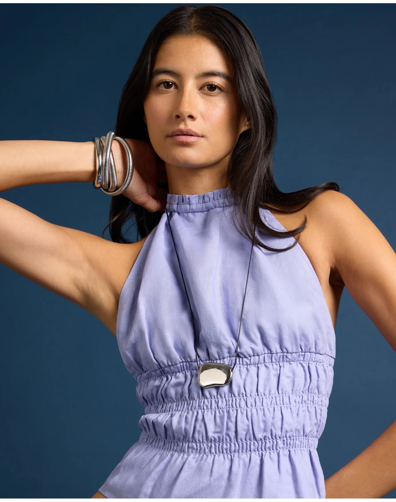 Women | Air Linen Smocked Halter Top | Periwinkle - Image 2