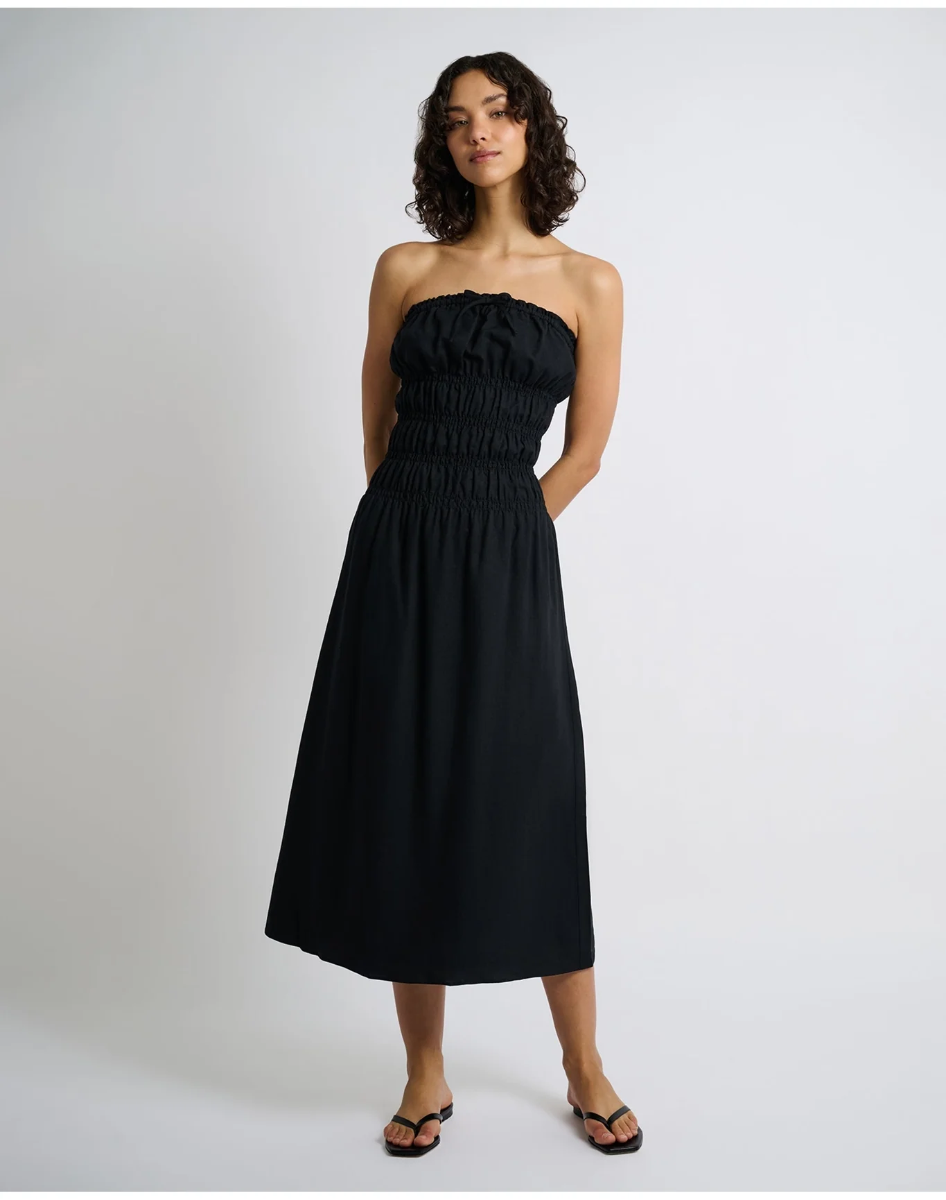 Women | Air Linen Smocked Maxi Dress | Black - Image 3