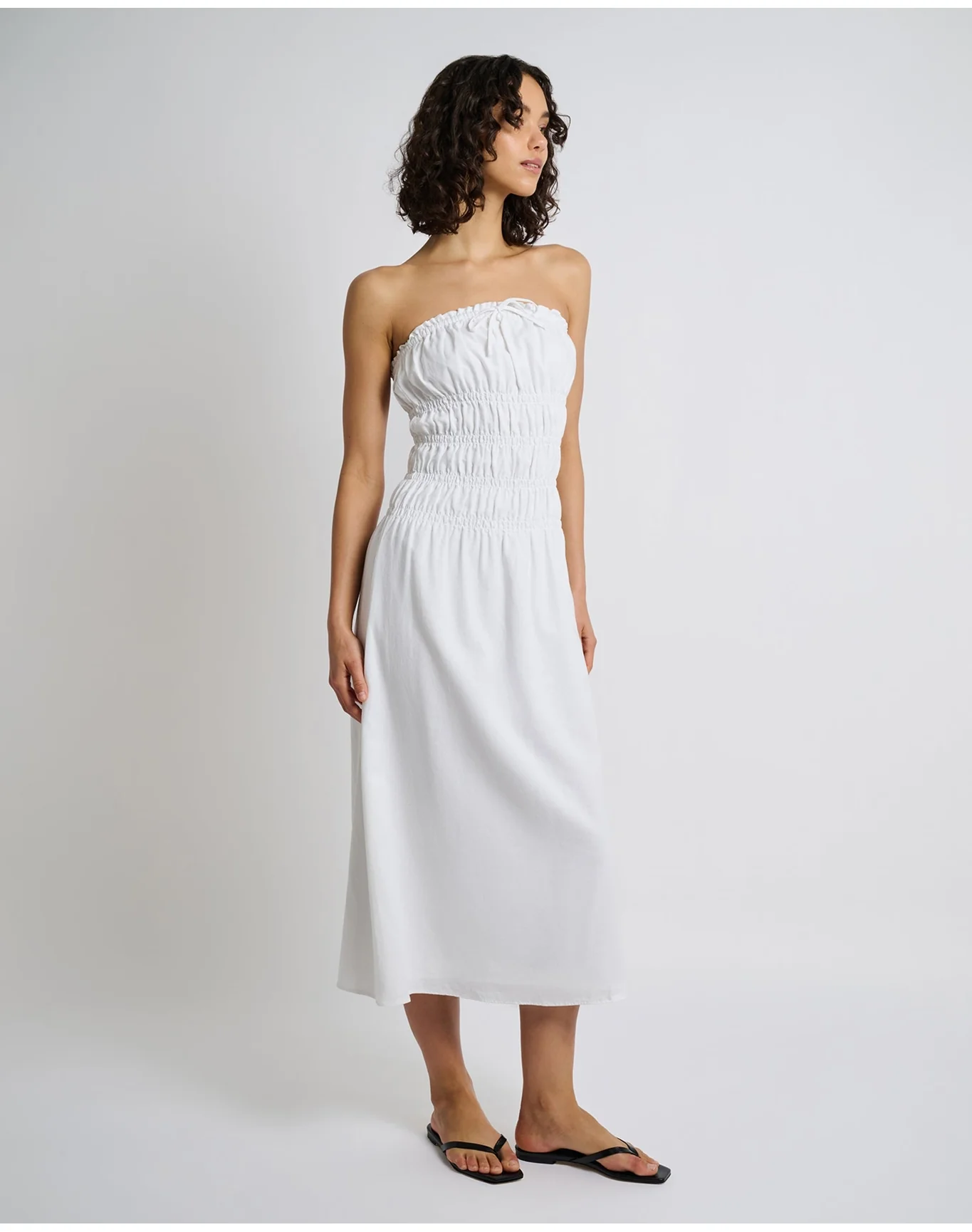 Women | Air Linen Smocked Maxi Dress | White - Image 3