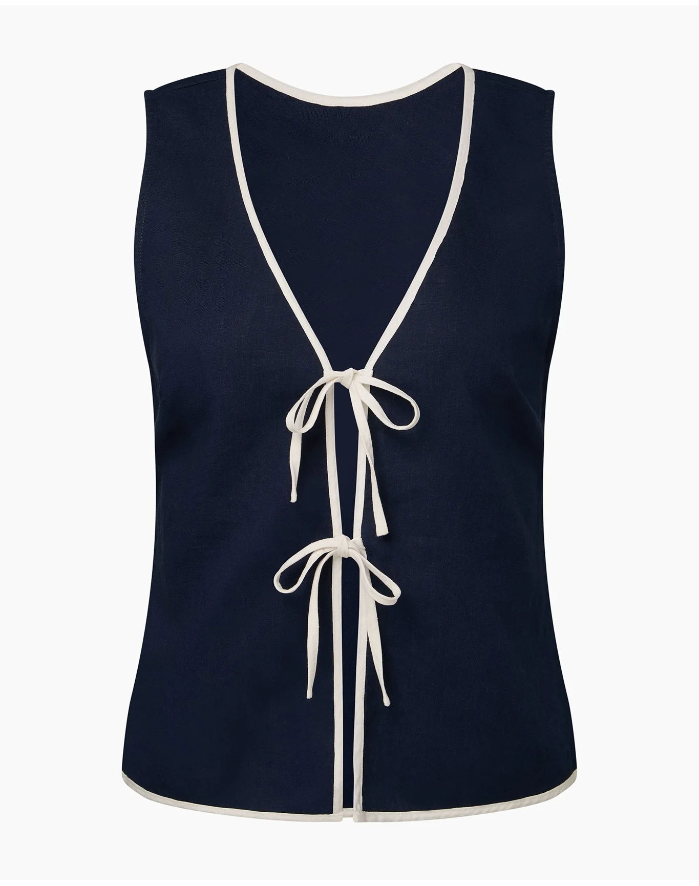 Women | Air Linen Tie Front Tank | Deep Navy White - Image 2