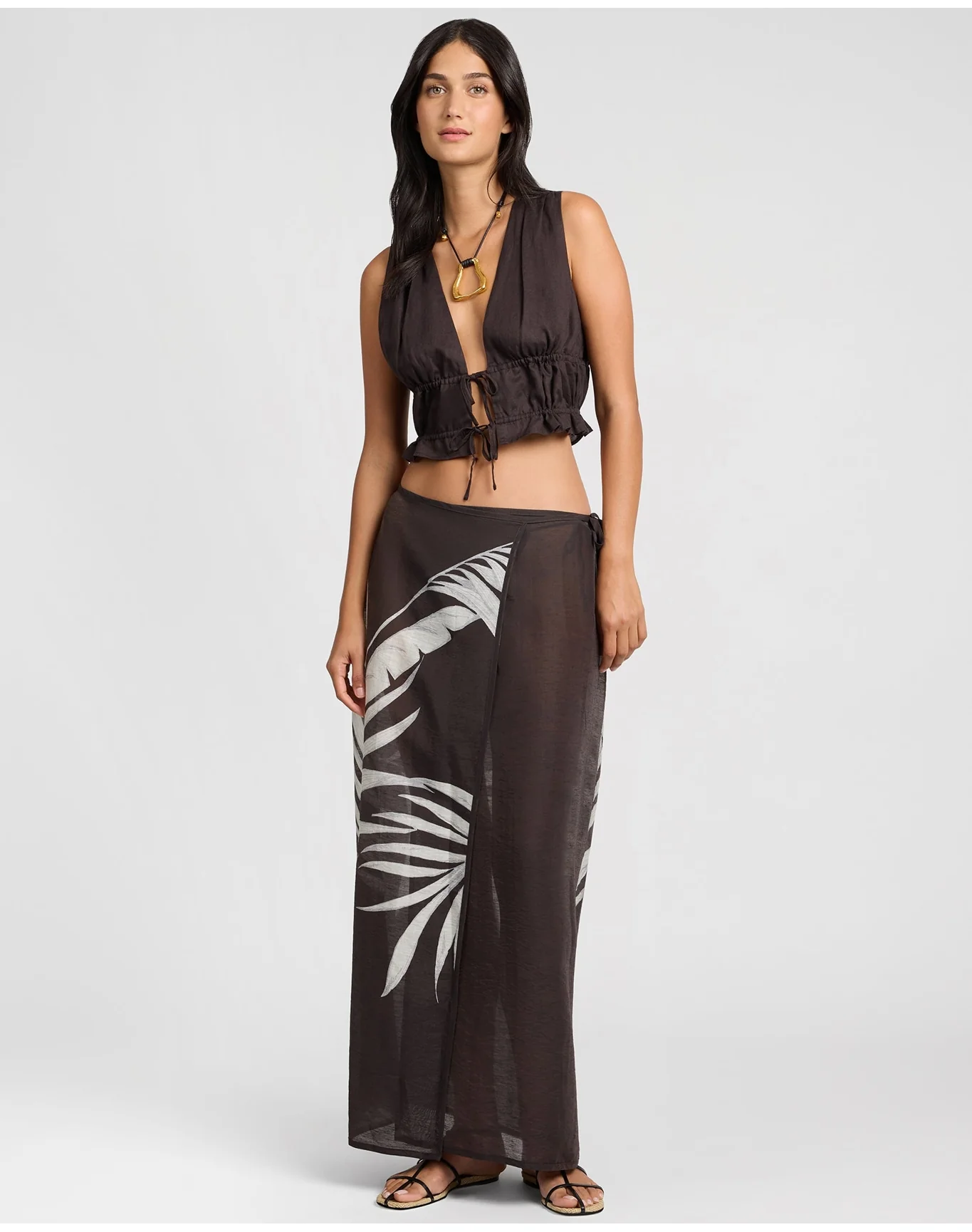 Women | Air Linen Tie Front Top | Espresso - Image 3