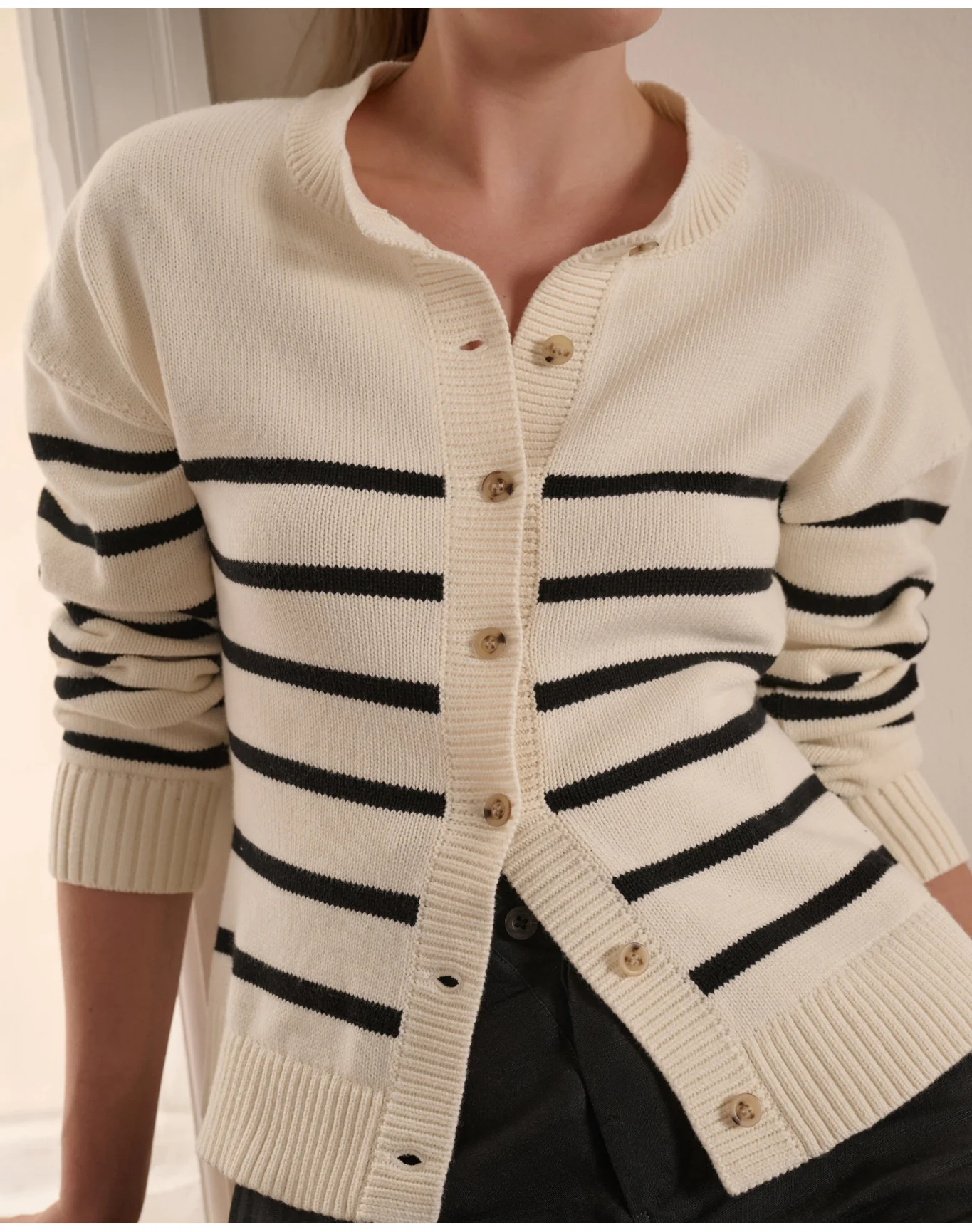 Women | Cotton Fitted Cardigan | Off White Black - Image 2