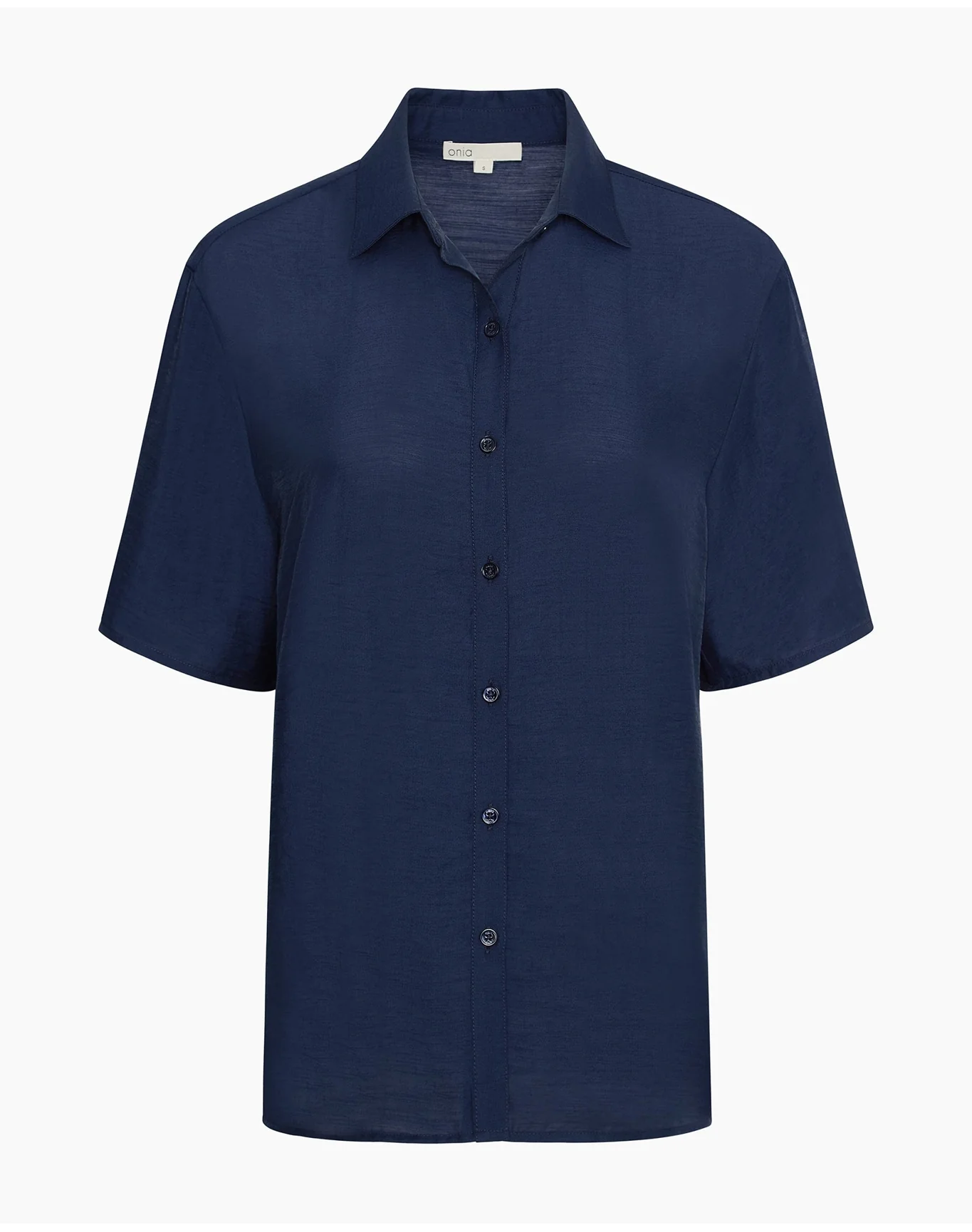 Women | Crinkle Oversized Short Sleeve Button Up Shirt | Deep Navy - Image 2