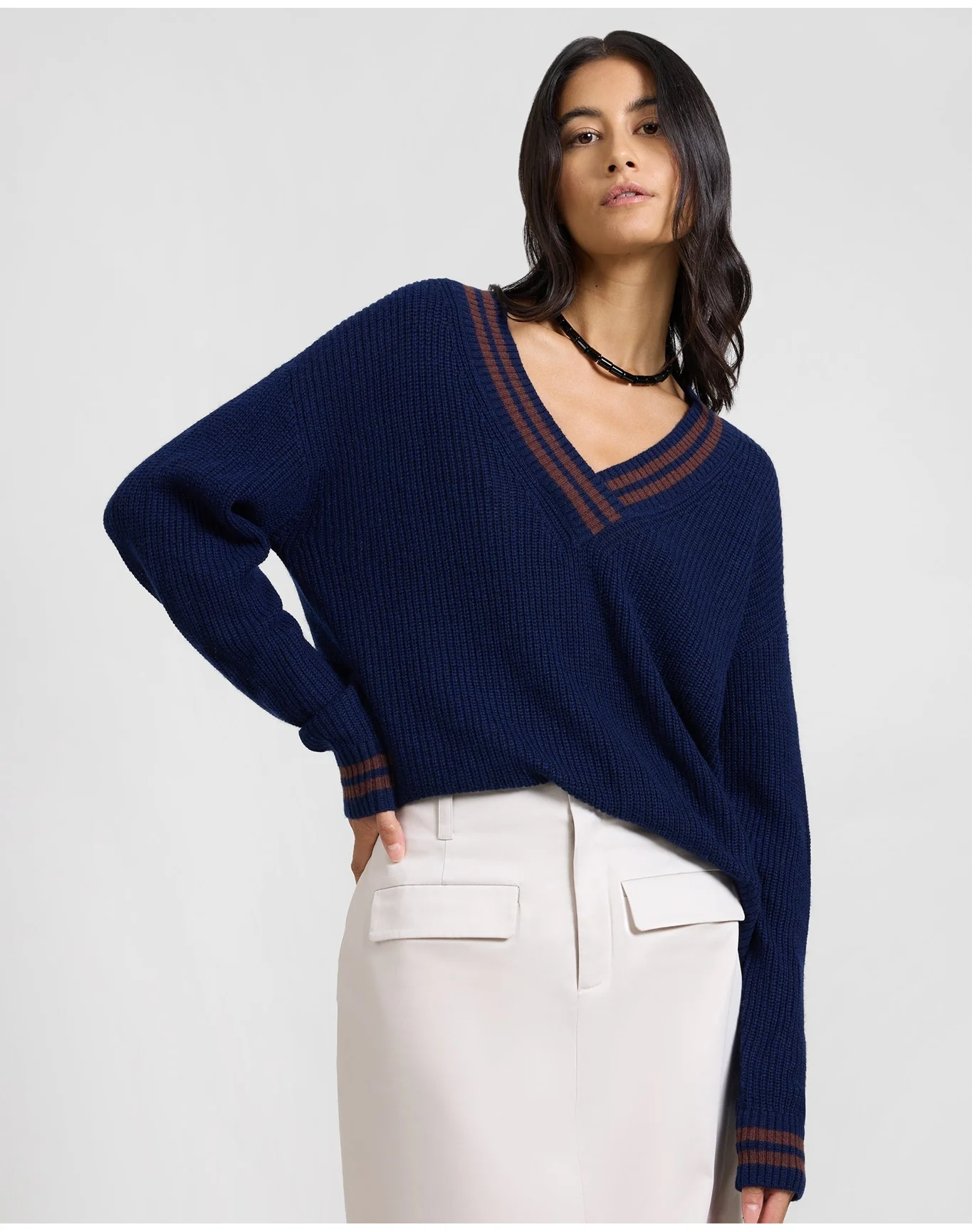 Women | Deep V Neck Varsity Pullover Sweater | Noir Navy Chestnut - Image 2