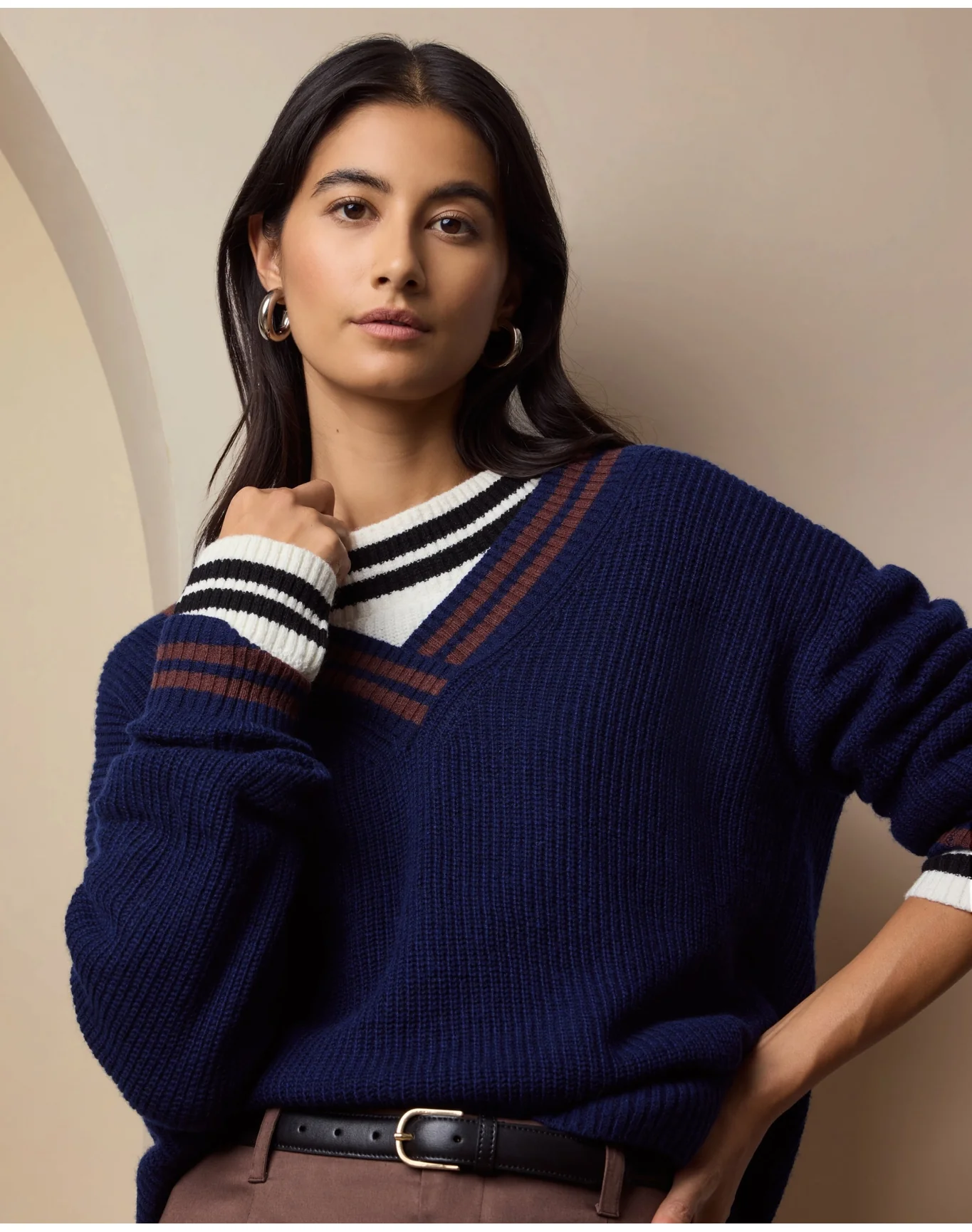 Women | Deep V Neck Varsity Pullover Sweater | Noir Navy Chestnut - Image 3