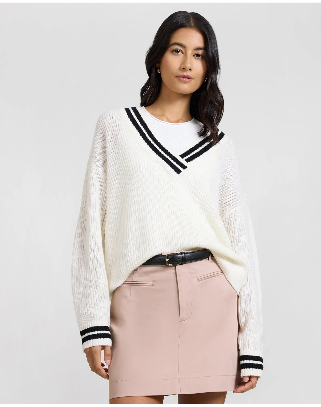Women | Deep V Neck Varsity Pullover Sweater | Off White Black - Image 2