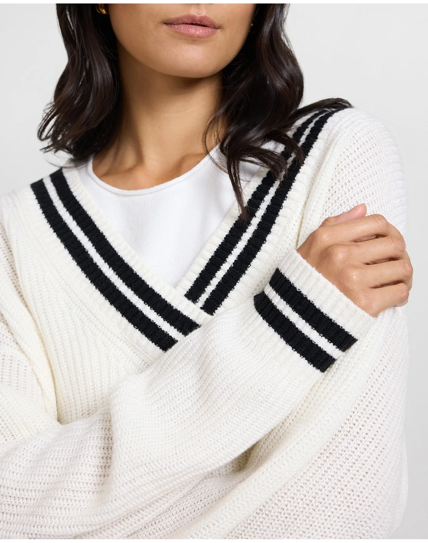Women | Deep V Neck Varsity Pullover Sweater | Off White Black - Image 3