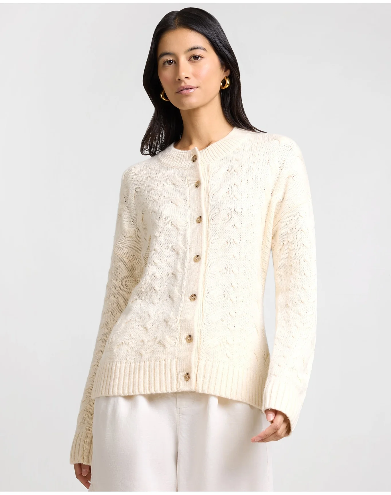 Women | Fitted Cable Knit Cardigan | Natural Melange