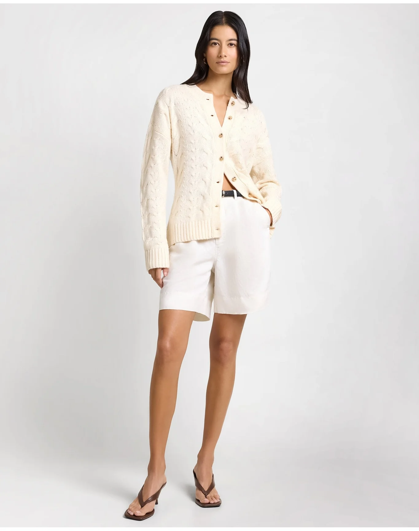 Women | Fitted Cable Knit Cardigan | Natural Melange - Image 3