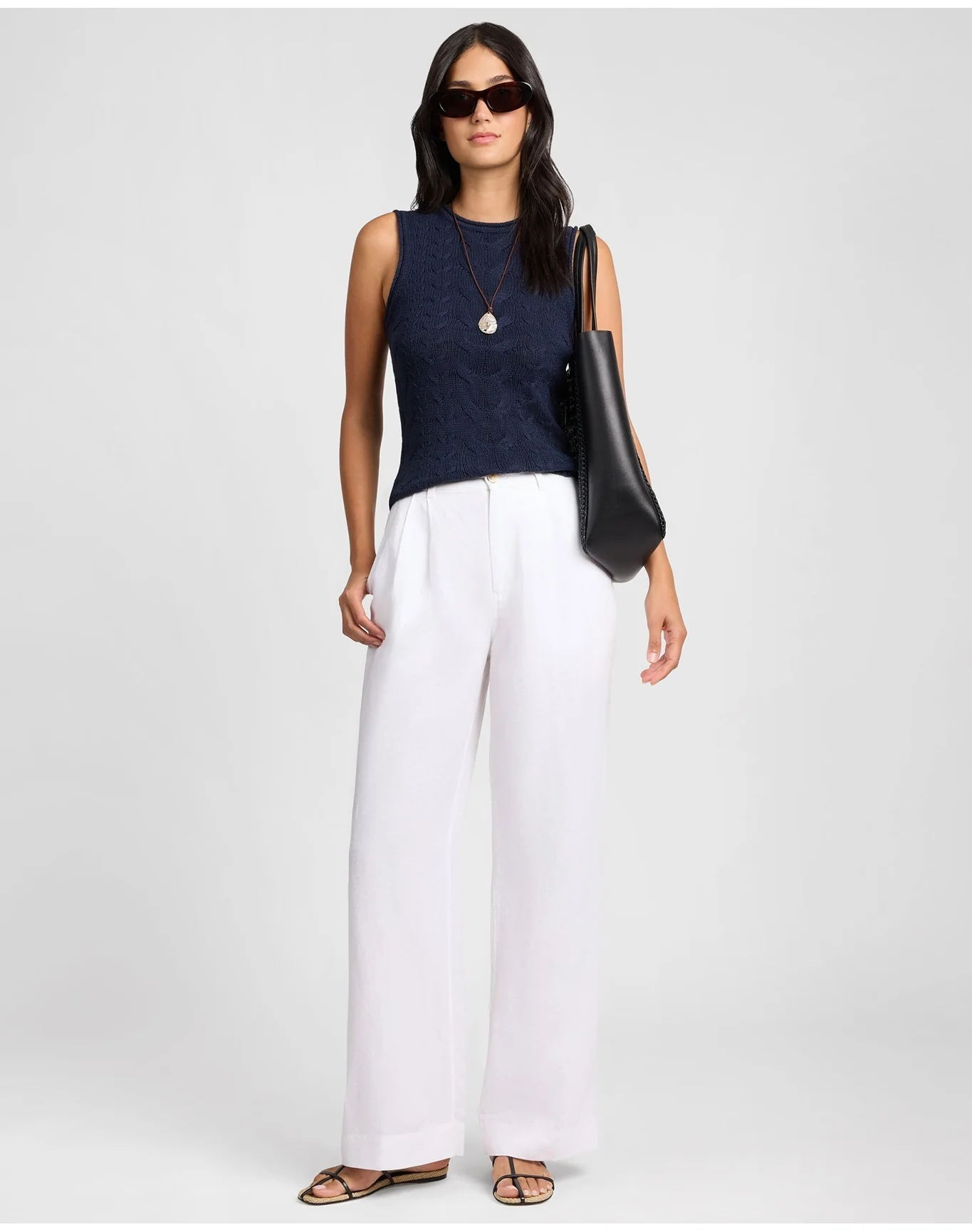 Women | Linen Cable Knit Tank | Noir Navy - Image 3