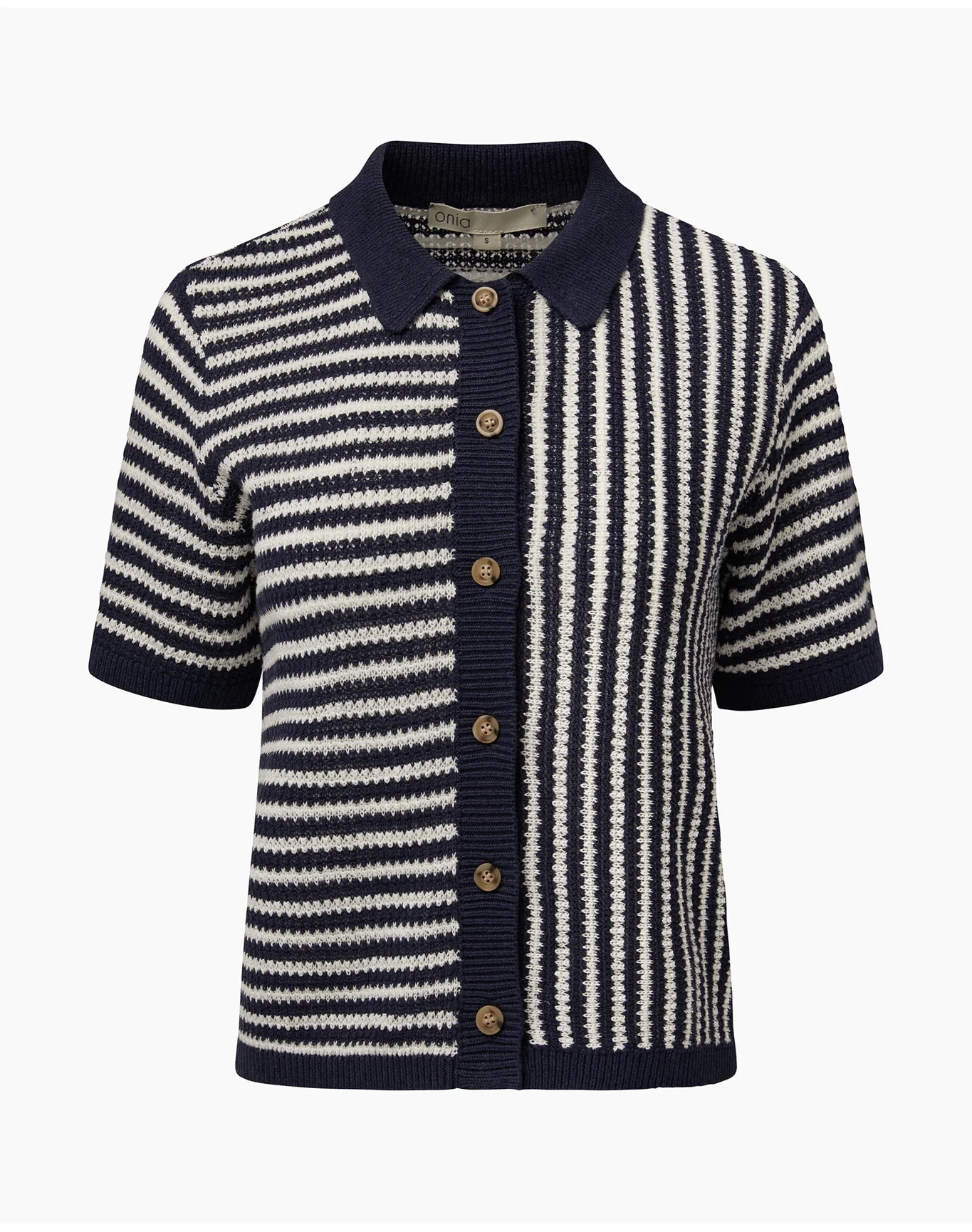 Women | Linen Knit Button Up Shirt | Deep Navy White - Image 2