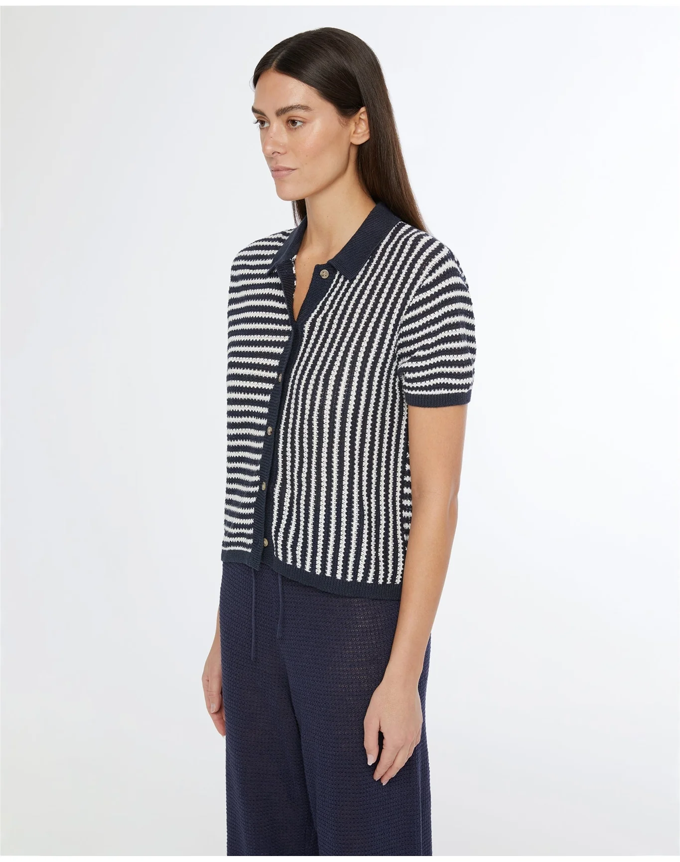 Women | Linen Knit Button Up Shirt | Deep Navy White - Image 3