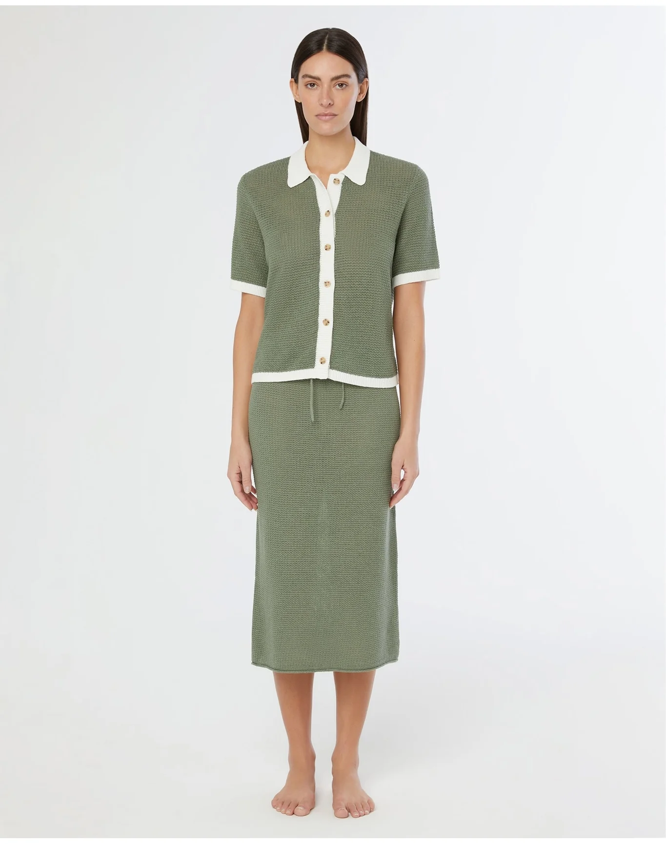 Women | Linen Knit Button Up Shirt | Sea Spray White - Image 3