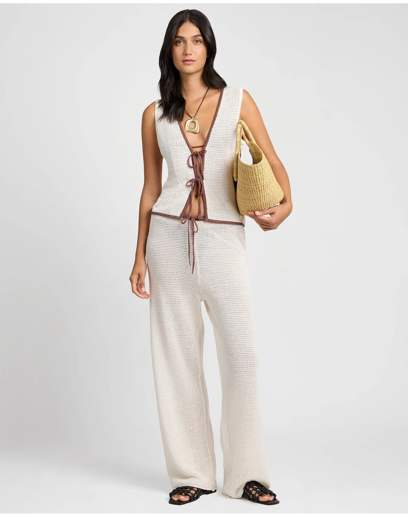 Women | Linen Knit Drawstring Pant | Egret Cappuccino - Image 4