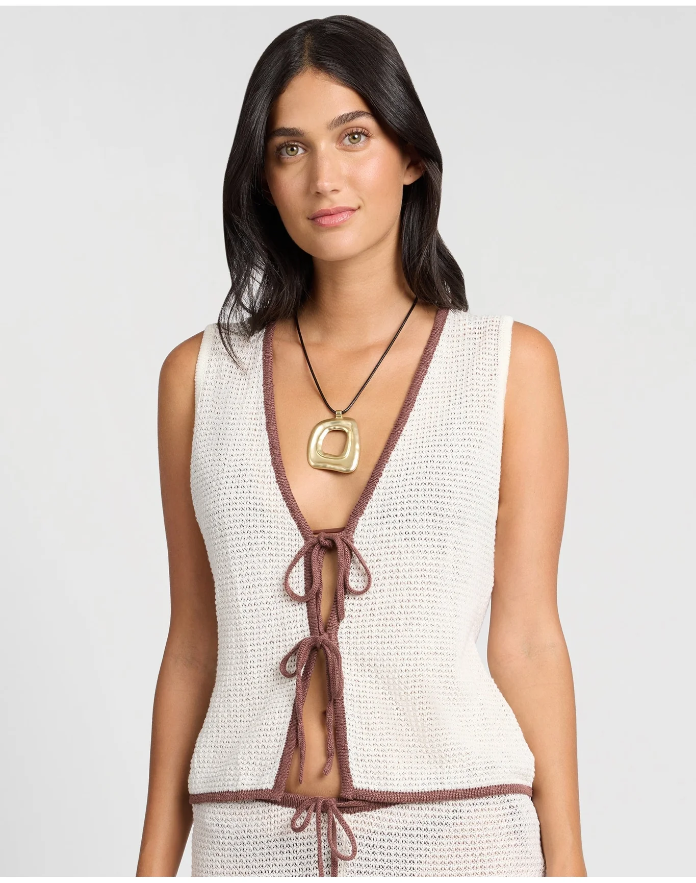 Women | Linen Knit Tie Front Tank Top | Egret Cappuccino