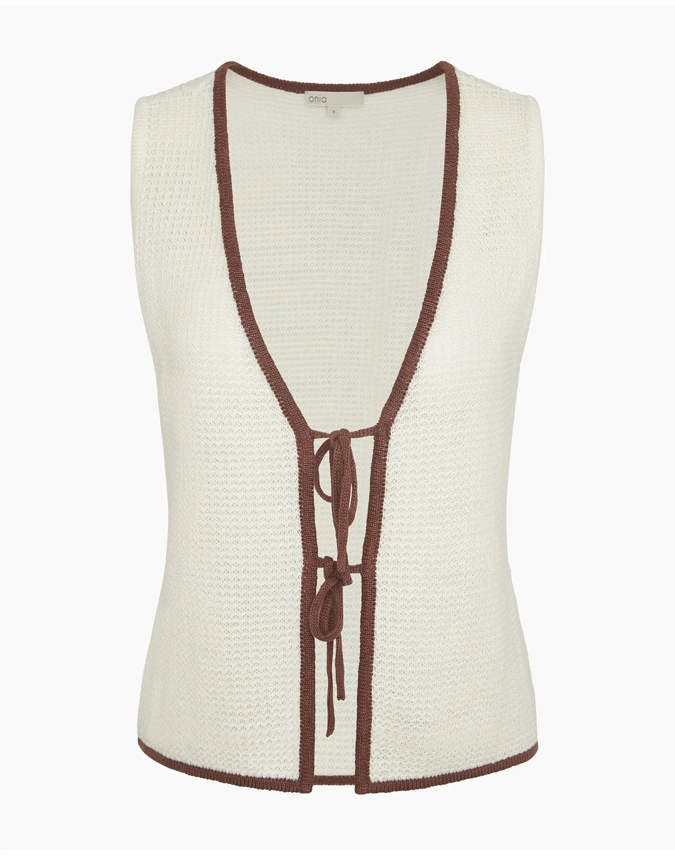 Women | Linen Knit Tie Front Tank Top | Egret Cappuccino - Image 3